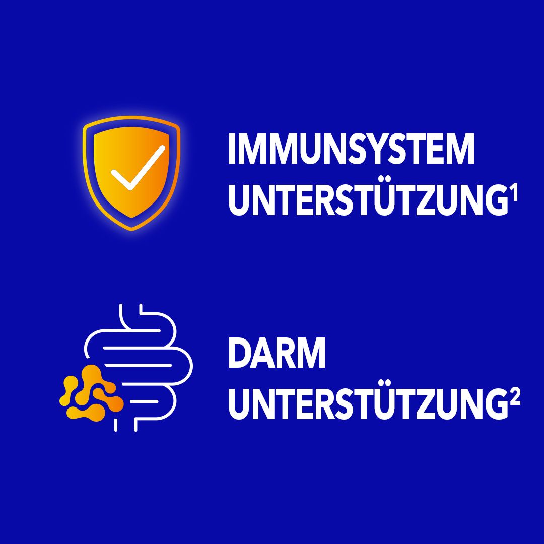 Zwei Grafiken mit Text. Oben: Schild mit Haken, darunter Darm. Aufschrift: Immunsystem Unterstützung, Darm Unterstützung.
