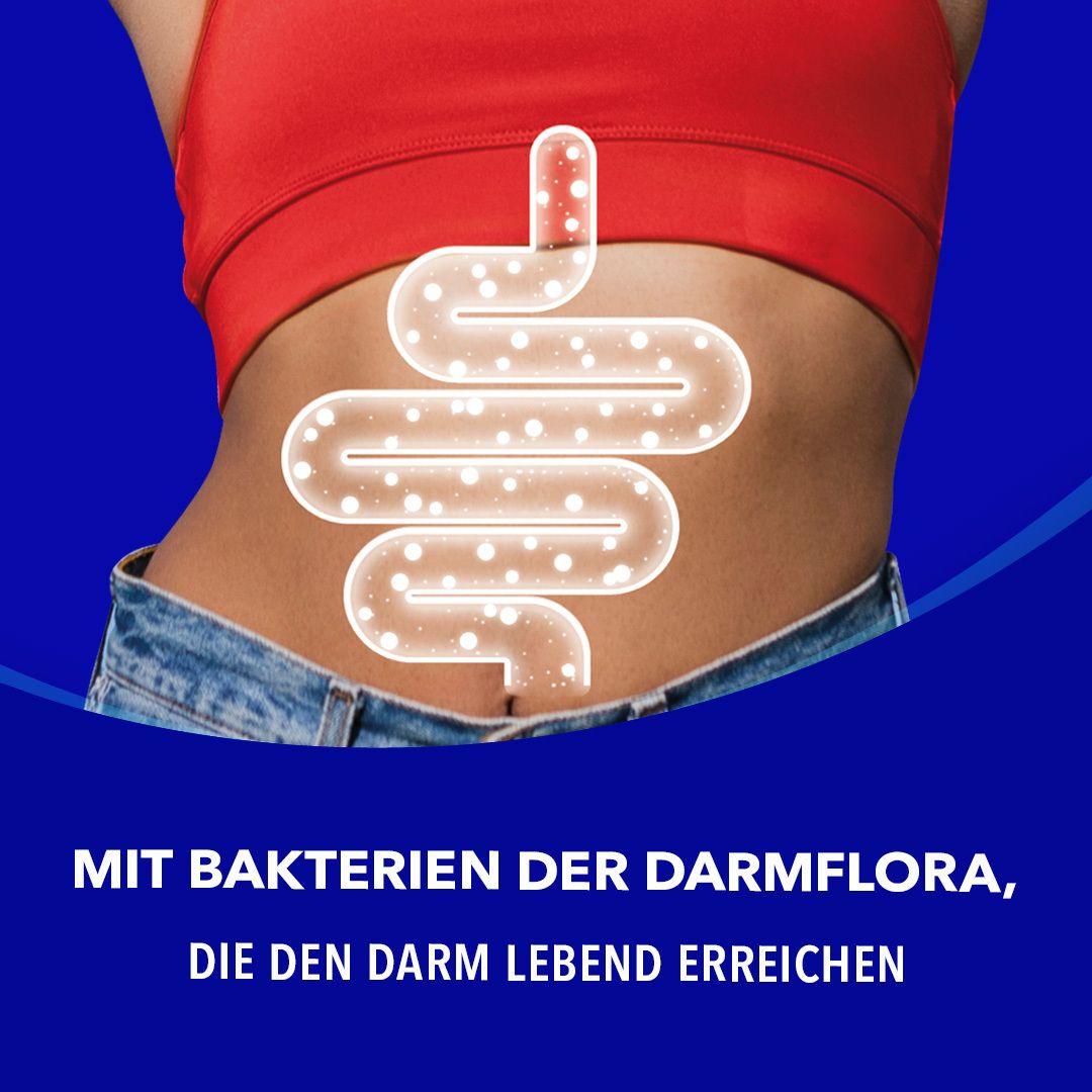 Bauch einer Person mit hervorgehobenen Darm. Aufschrift: Mit Bakterien der Darmflora, die den Darm lebend erreichen.
