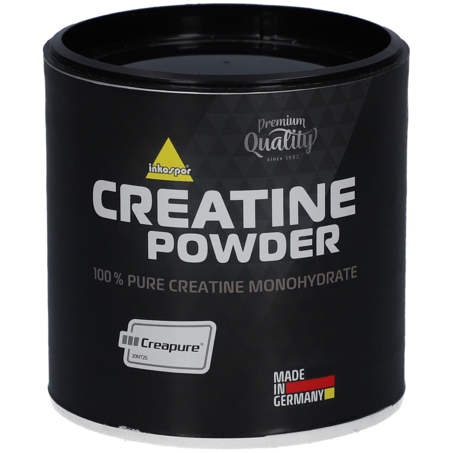 Schwarze Dose mit "Creatine Powder"-Aufdruck. Enthält 100% reines Creatin Monohydrat. "Creapure"-Logo und "Made in Germany".