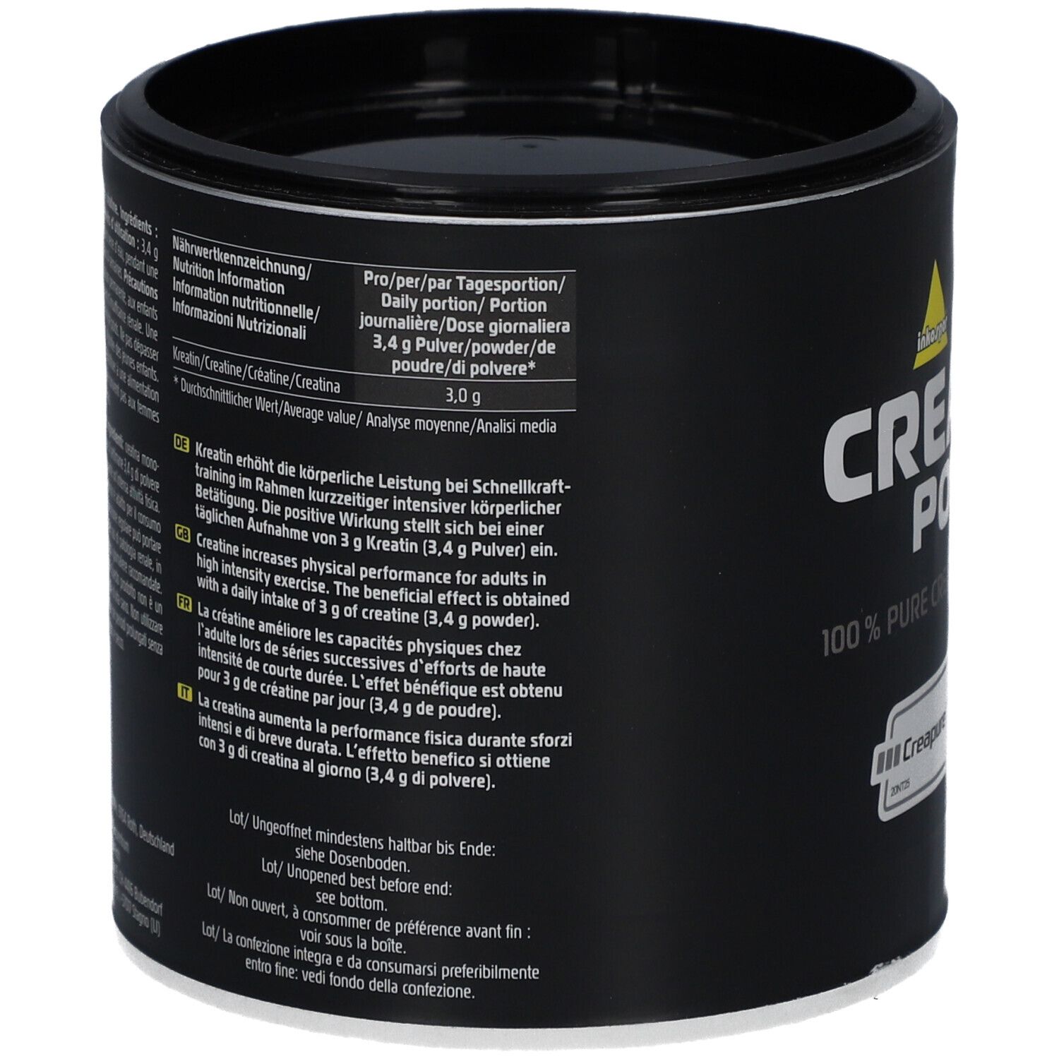 Schwarze Dose mit Text. Enthält Informationen zu Nährwerten und Inhaltsstoffen. Enthält auch englische, italienische und französische Texte.