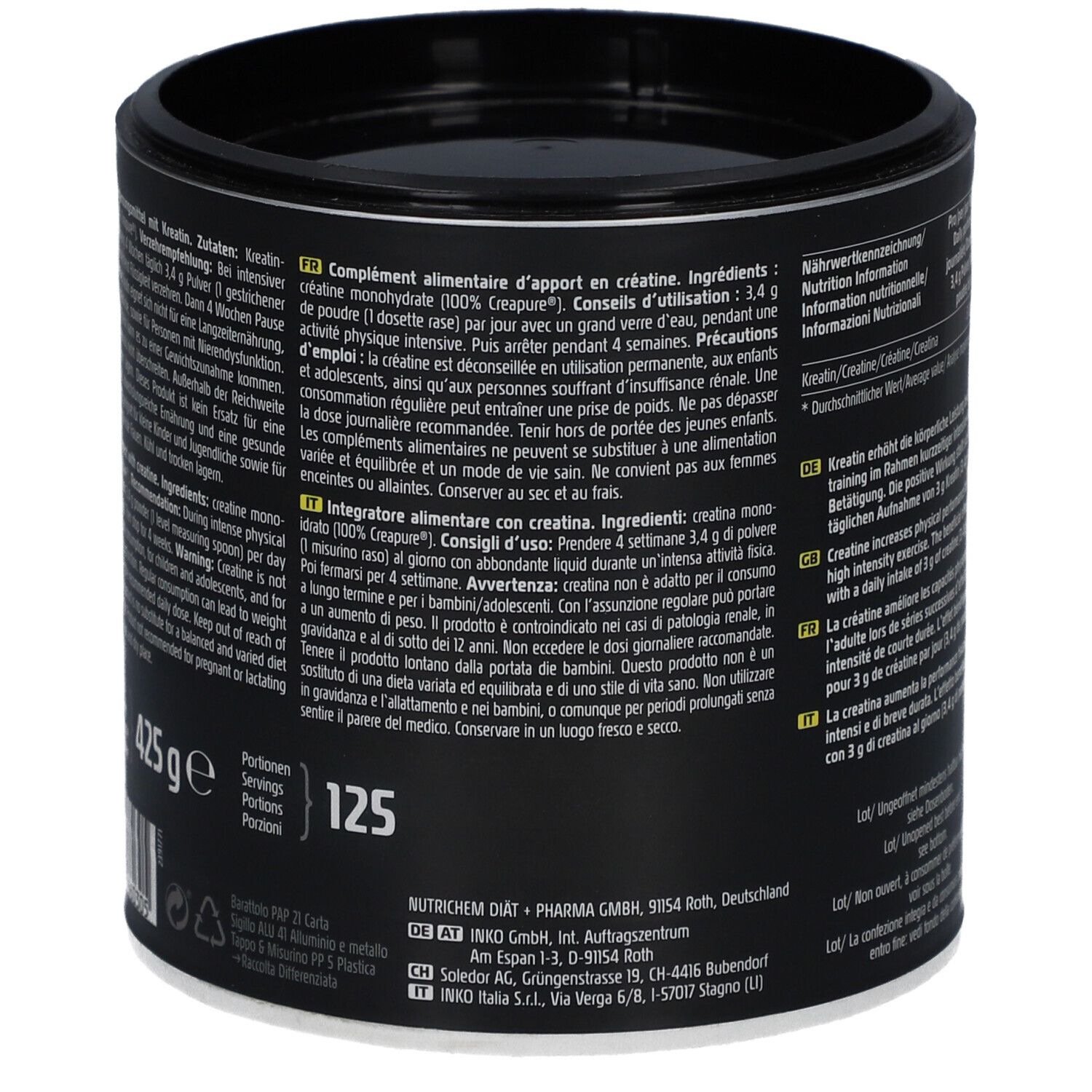 Schwarze Dose mit Text. Enthält Informationen zu Nährwerten und Inhaltsstoffen. Enthält auch englische, italienische und französische Texte.