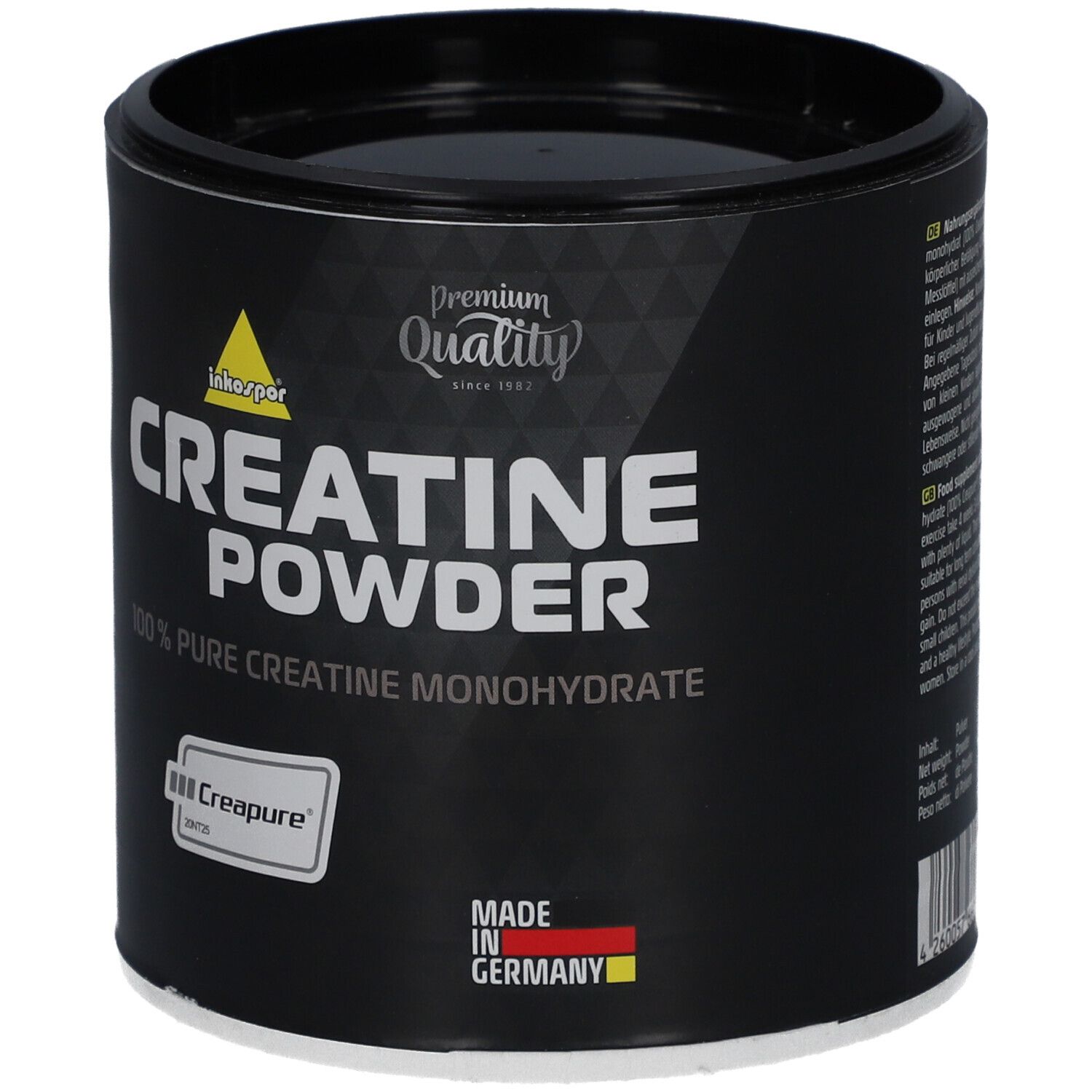 Schwarze Dose mit "Creatine Powder"-Aufdruck. Enthält 100% reines Creatin Monohydrat. "Creapure"-Logo und "Made in Germany".