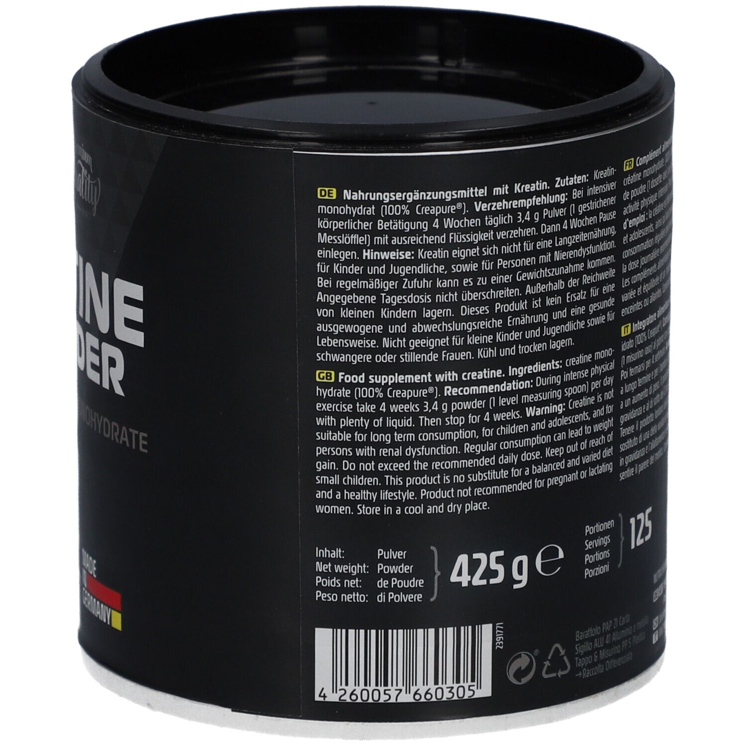 Schwarze Dose mit Text. Enthält Informationen zu Nährwerten und Inhaltsstoffen. Enthält auch englische, italienische und französische Texte.