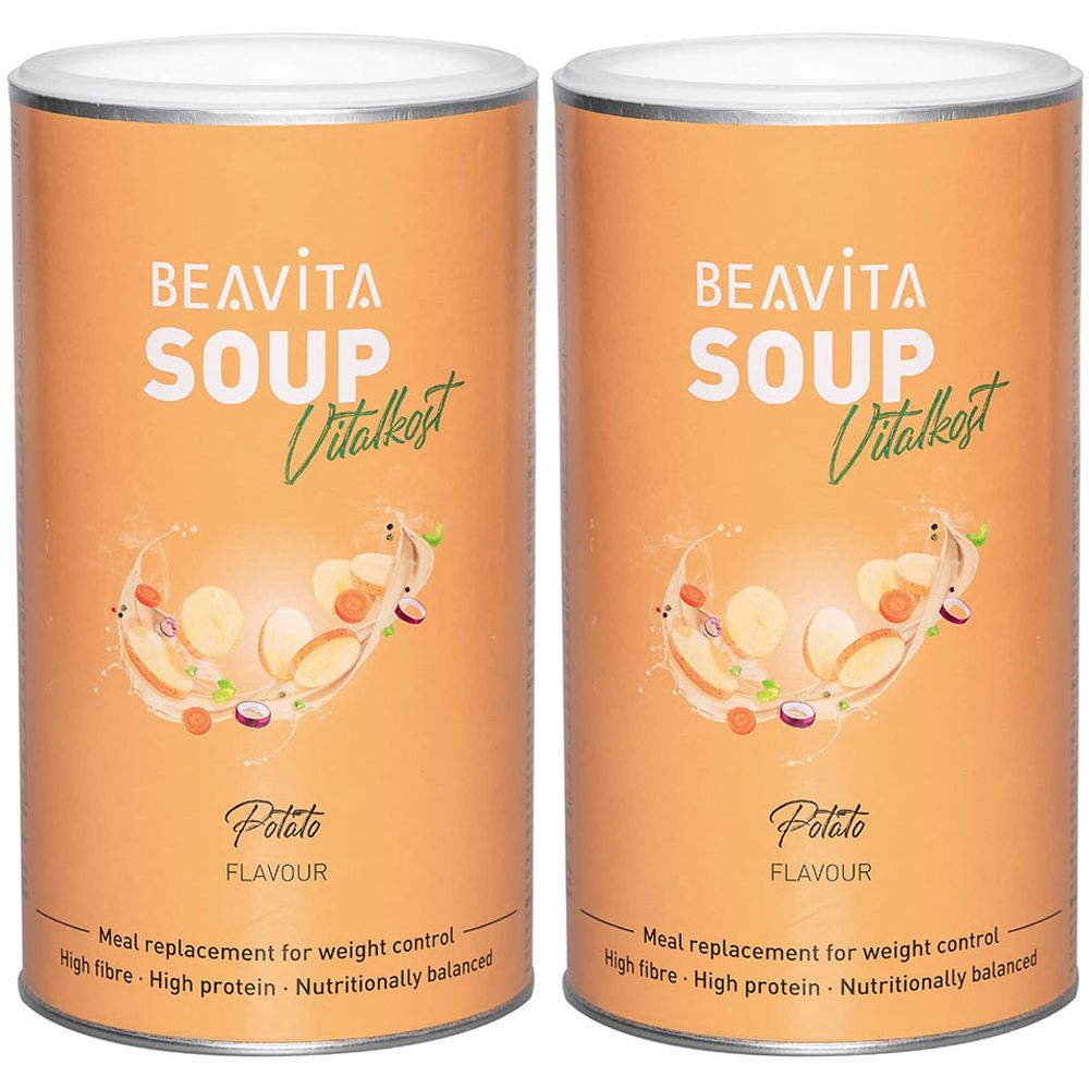 Zwei Dosen BEAVITA Soup Vitalikost. Aufschrift: Potato Flavour. Abbildung von Kartoffeln und Gemüse. Text: Meal replacement for weight control.