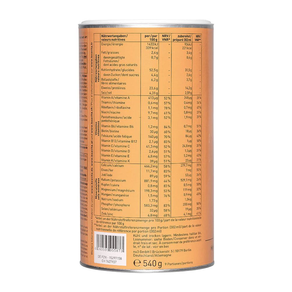 Dose mit Nährwertangaben. Aufschrift: BEAVITA. Tabellarische Auflistung von Nährwerten pro 100g und pro Portion. Text in deutscher Sprache.