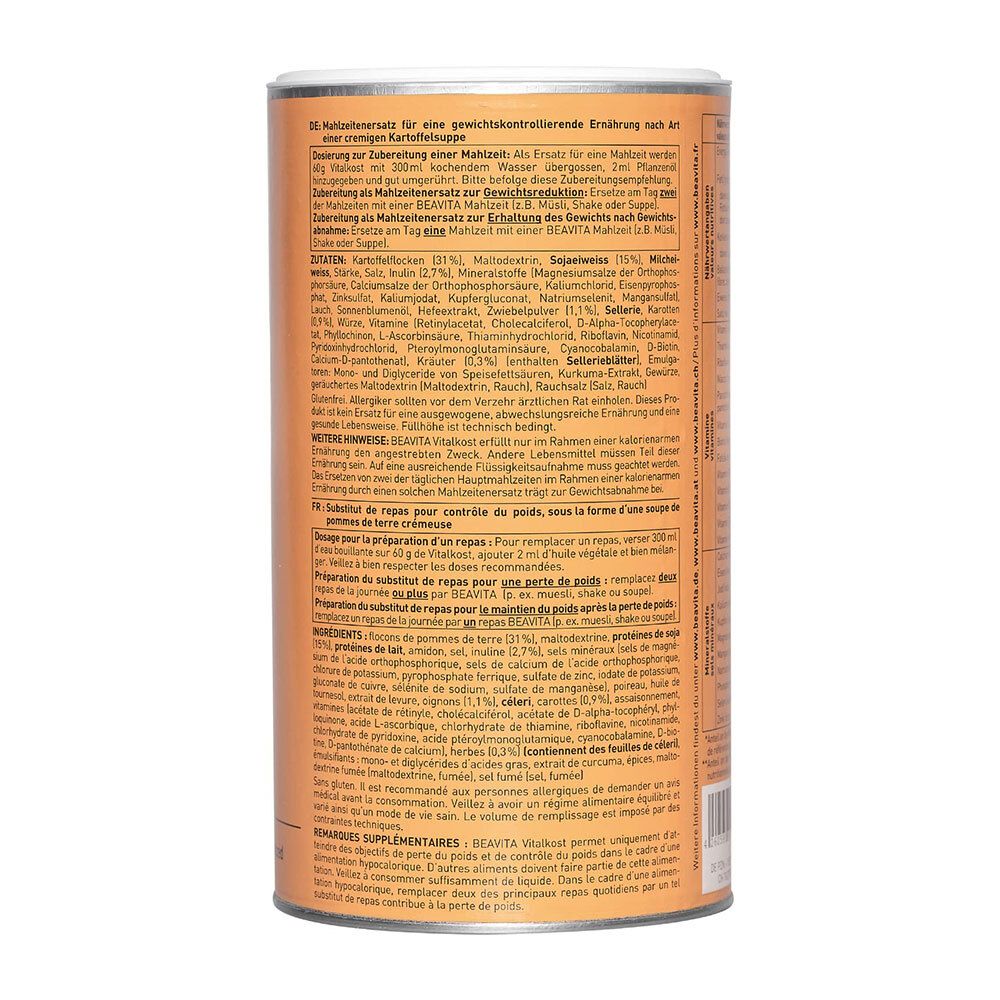 Dose mit Text in deutscher Sprache. Enthält Informationen zur Zubereitung und Inhaltsstoffe. Aufschrift: BEAVITA. Text in deutscher Sprache.