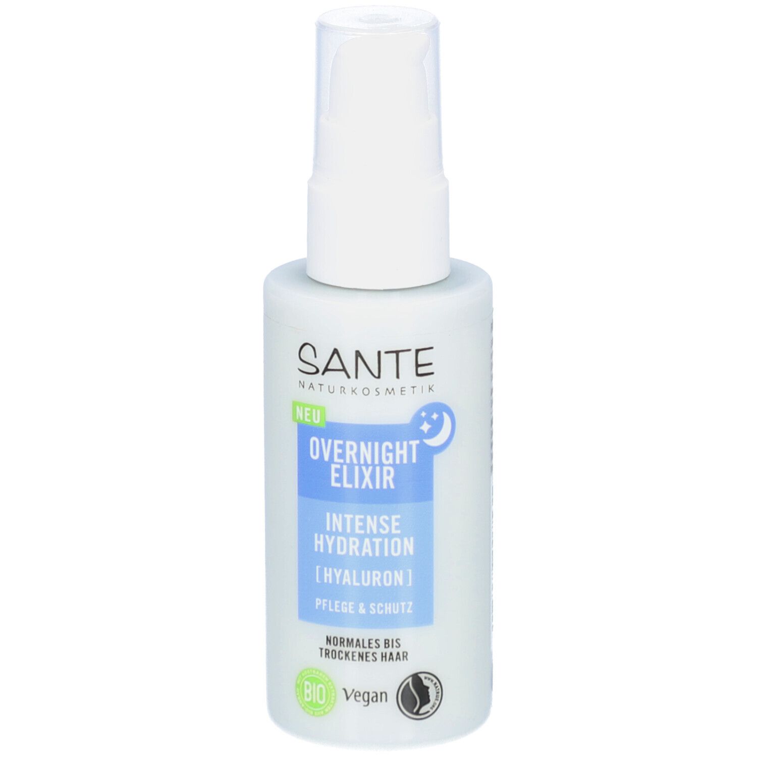 Hellblaue Flasche mit weißem Sprühkopf. Aufschrift: SANTE, Overnight Elixier, Intense Hydration, Hyaluron, Pflege & Schutz. Bio-Siegel.
