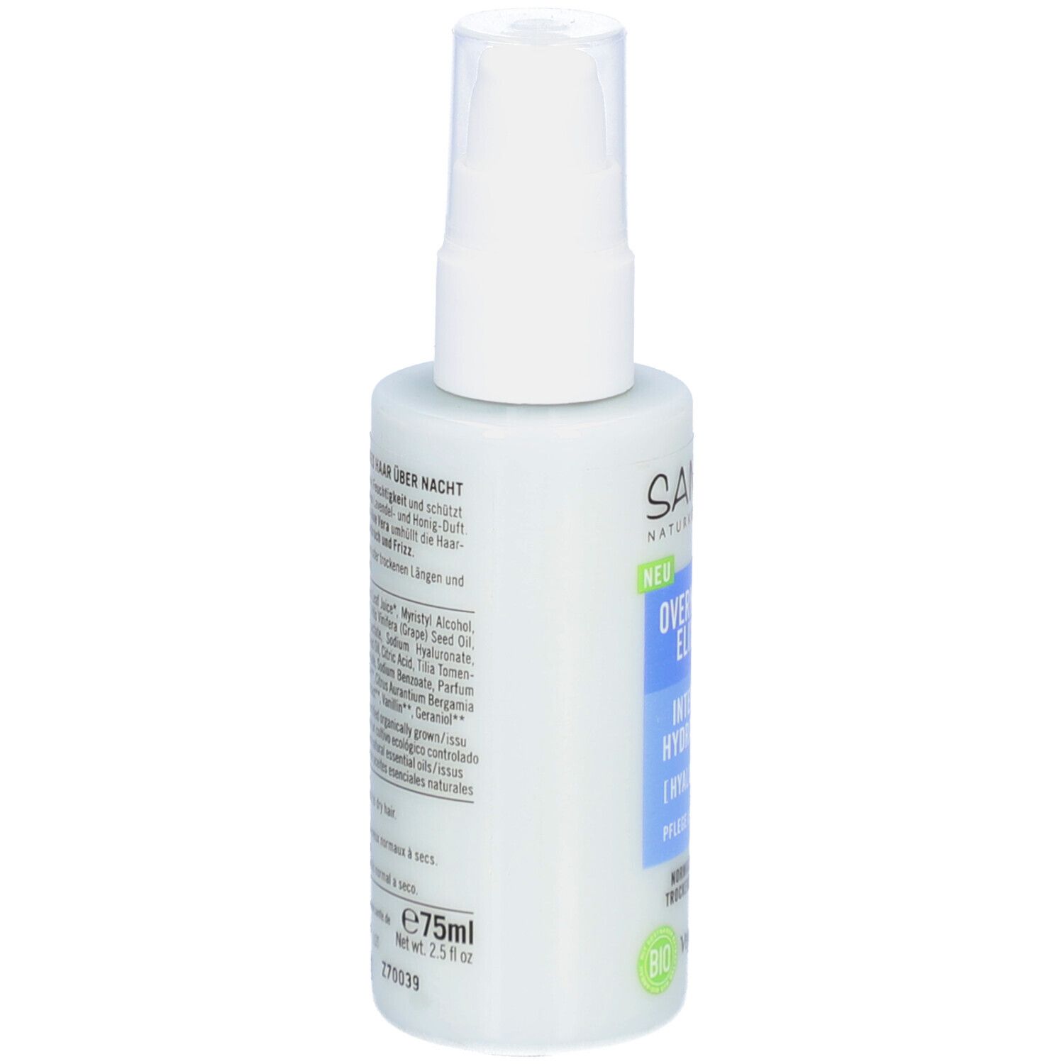 Hellblaue Flasche mit weißem Sprühkopf. Aufschrift: SANTE, Overnight Elixier, Intense Hydration, Hyaluron, Pflege & Schutz. Rückseite mit Text.