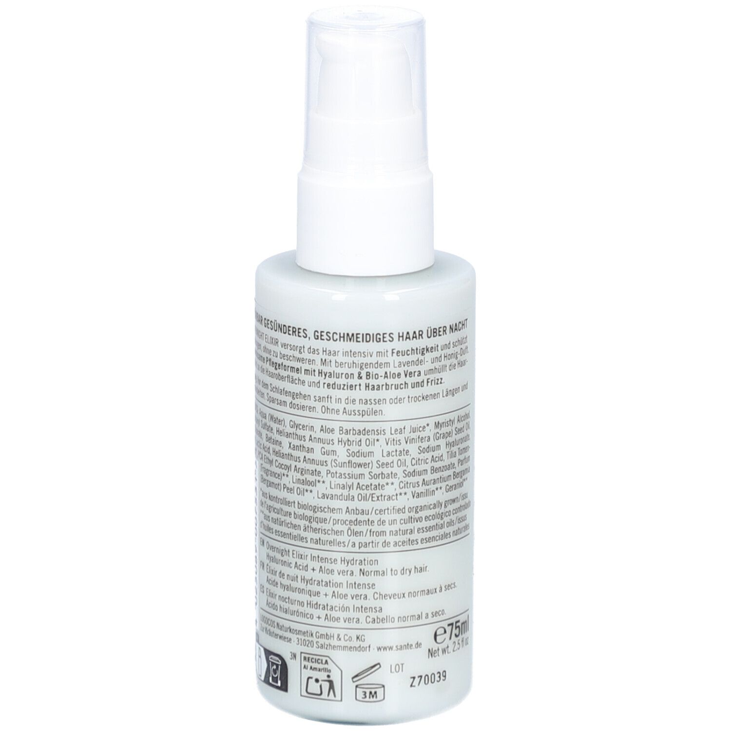 Hellblaue Flasche mit weißem Sprühkopf. Rückseite mit Text, Inhaltsstoffen und Logo. Aufschrift: SANTE, Overnight Elixier, Intense Hydration.