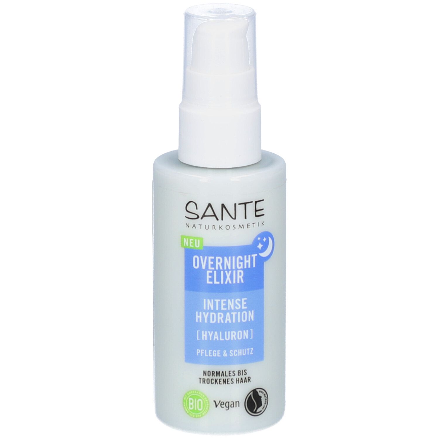 Hellblaue Flasche mit weißem Sprühkopf. Aufschrift: SANTE, Overnight Elixier, Intense Hydration, Hyaluron, Pflege & Schutz. Bio-Siegel, Vegan.