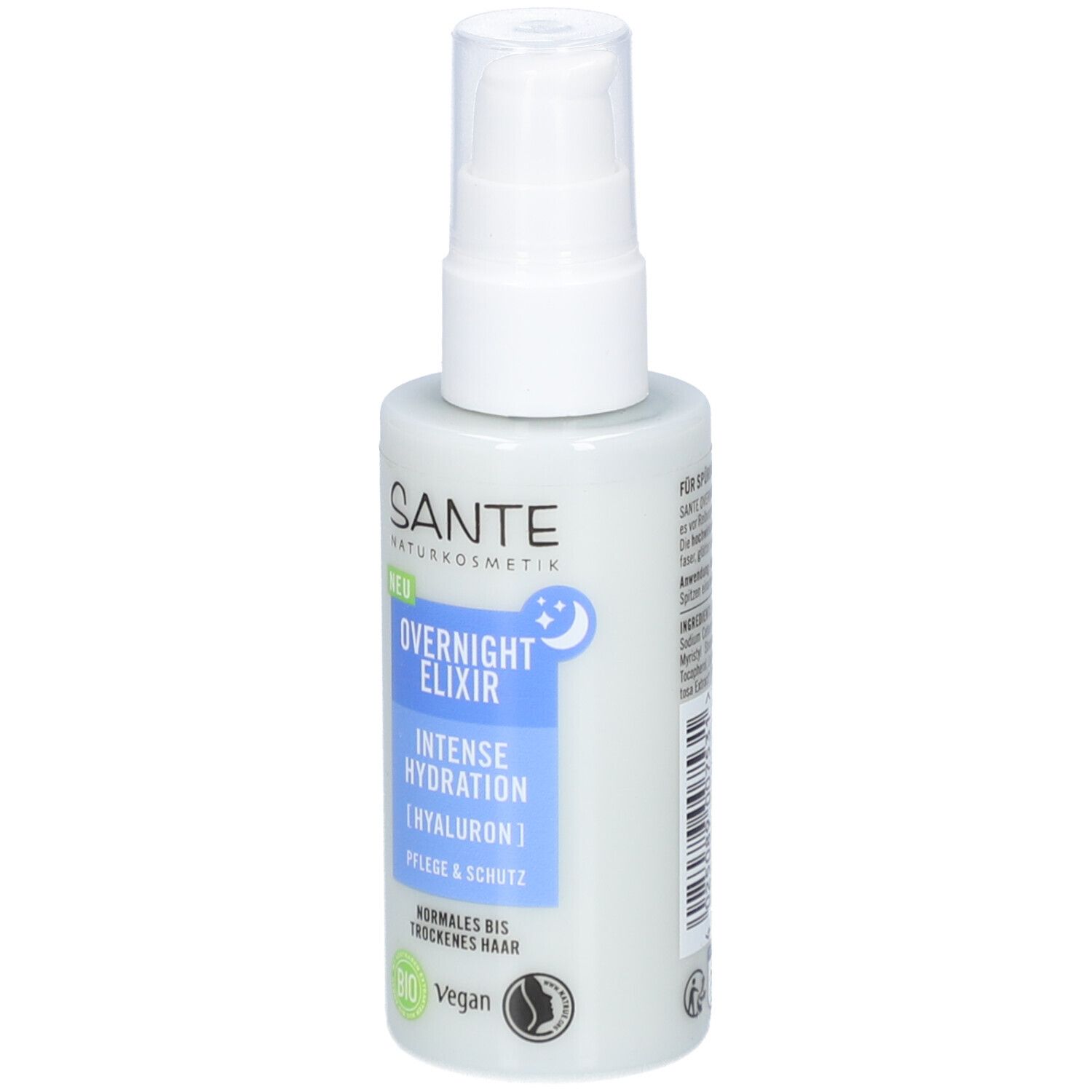 Hellblaue Flasche mit weißem Sprühkopf. Aufschrift: SANTE, Overnight Elixier, Intense Hydration, Hyaluron, Pflege & Schutz. Bio-Siegel, Vegan.