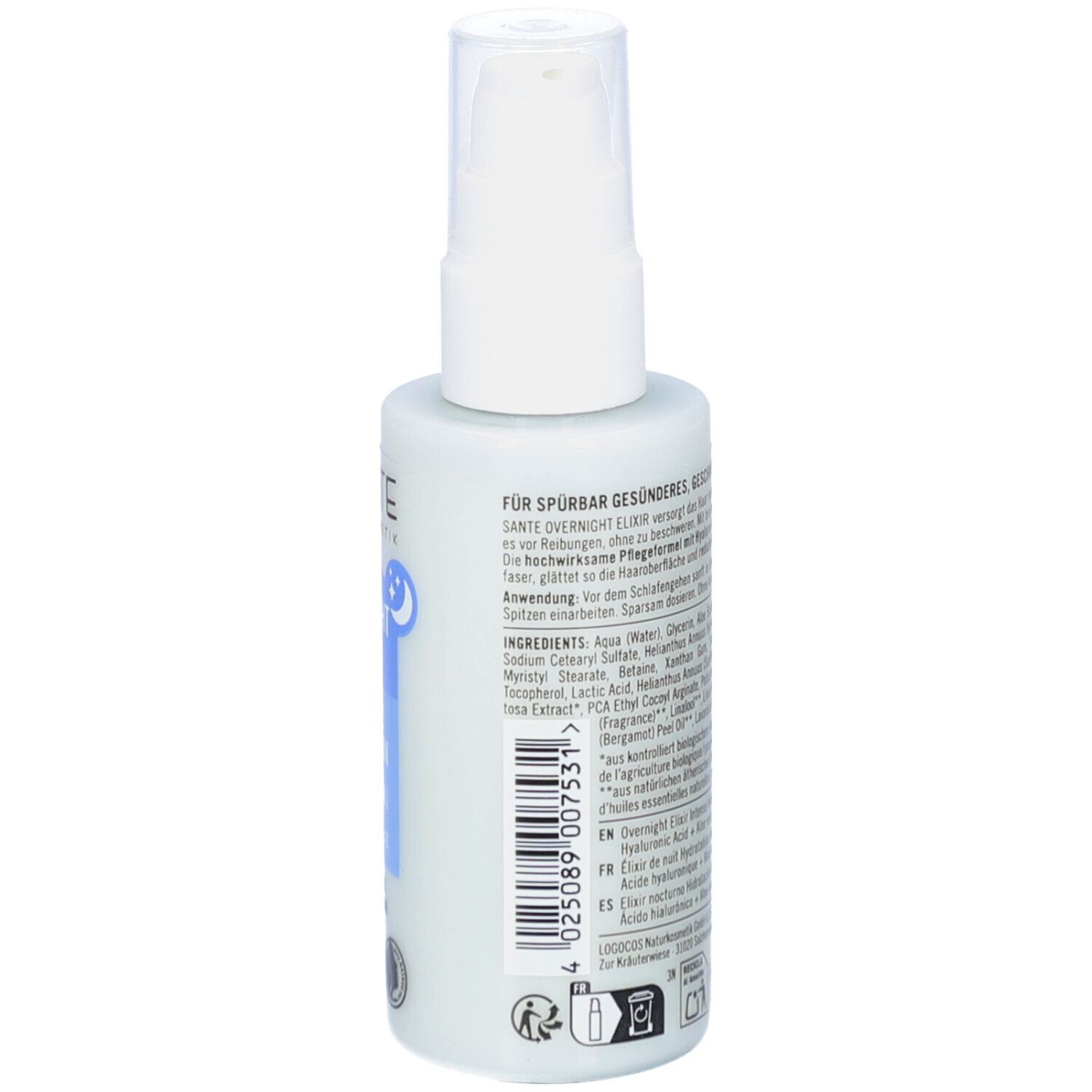 Hellblaue Flasche mit weißem Sprühkopf. Aufschrift: SANTE, Overnight Elixier, Intense Hydration, Hyaluron, Pflege & Schutz. Rückseite mit Text.