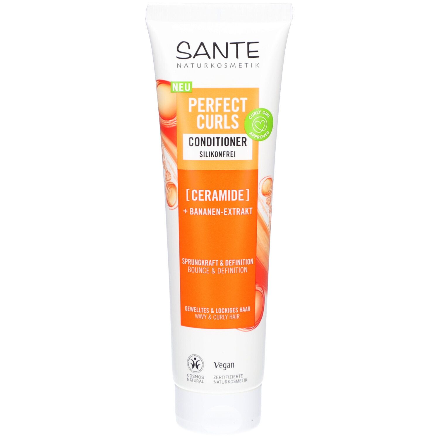 Weiße Tube mit SANTE-Logo und Produktnamen. Orangefarbenes Etikett mit Schriftzug "PERFECT CURLS CONDITIONER". Vegan-Siegel.