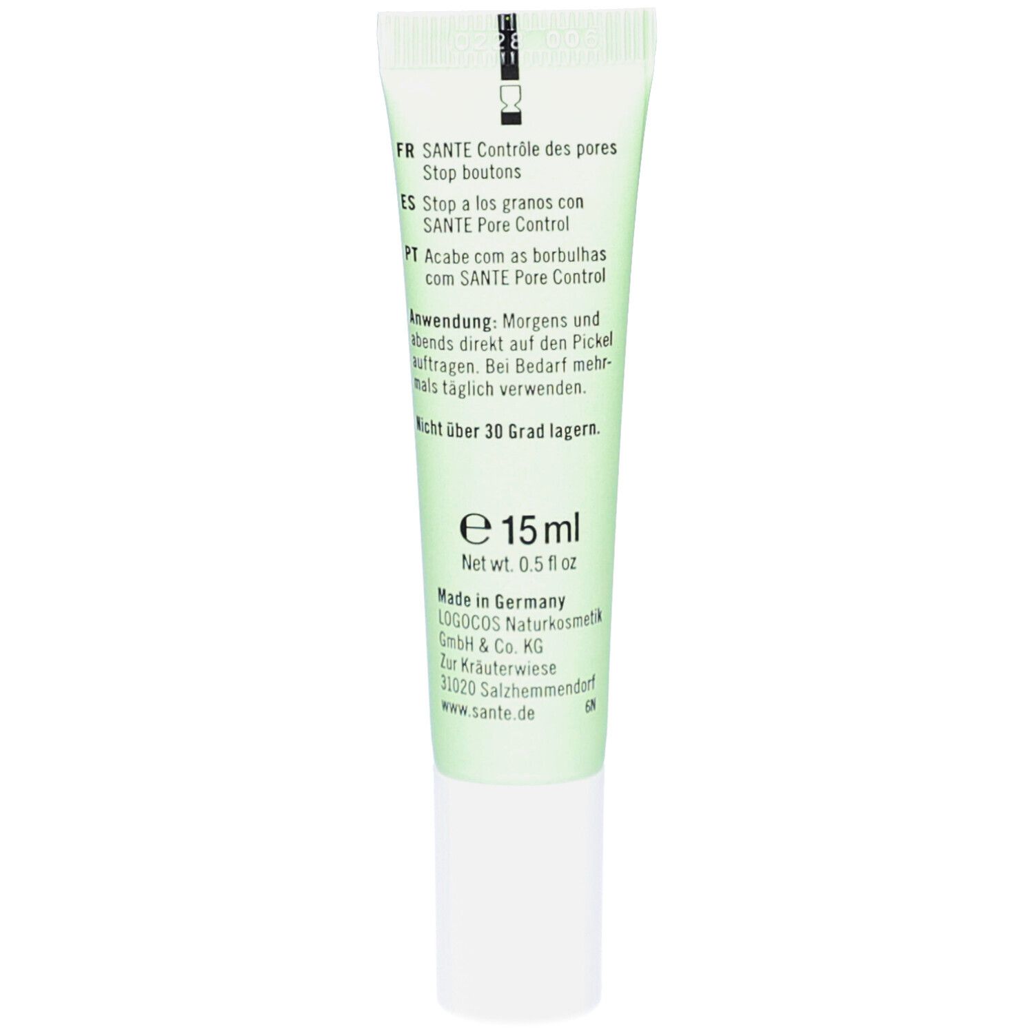 Rückseite der grünen Tube. Text: FR Contrôle des pores. ES Stop a los granos. PT Acabe com as borbulhas. Anwendung: Morgens und abends. e 15ml.