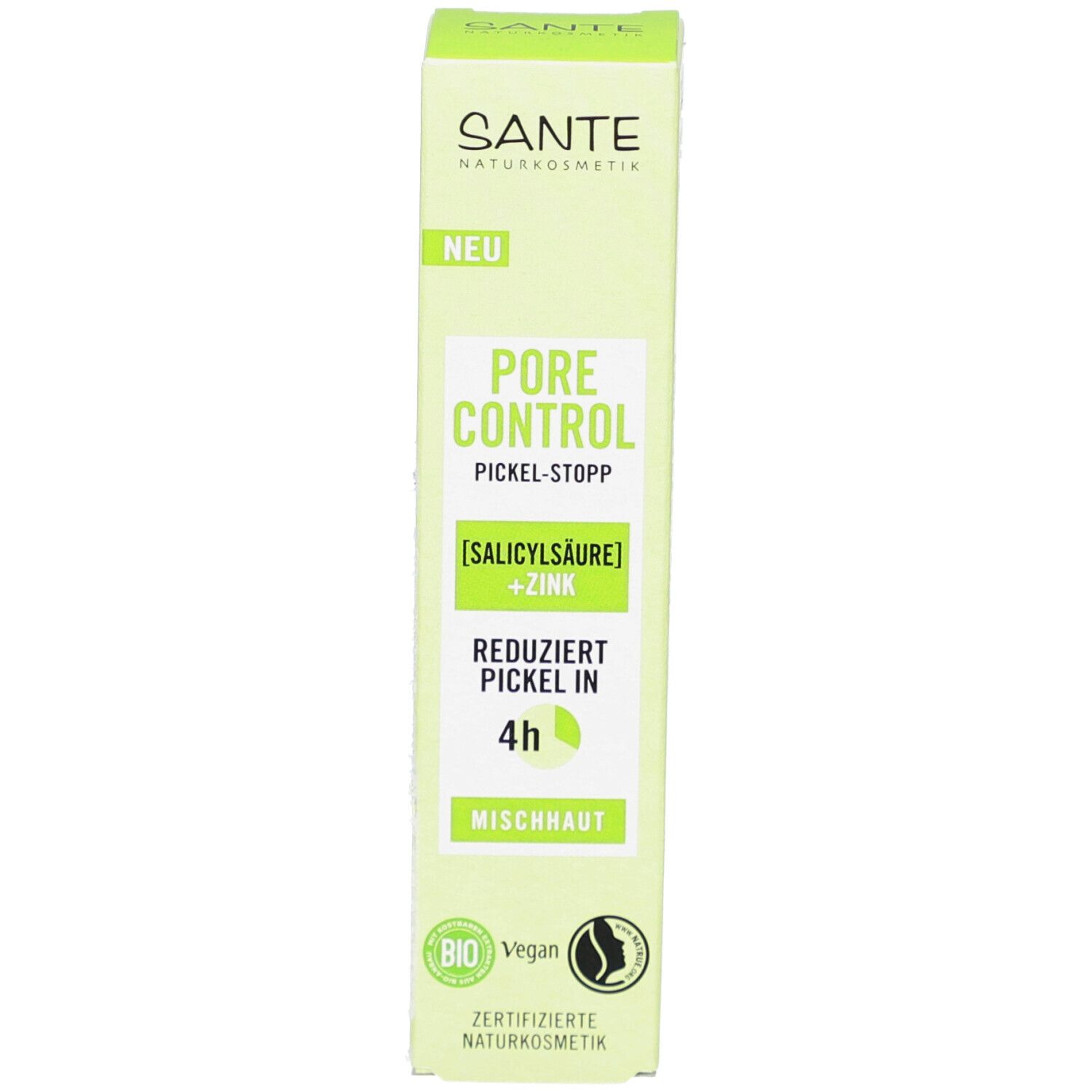 Grüne Schachtel. Text: SANTE, PORE CONTROL, PICKEL-STOPP, [SALICYLSÄURE] + ZINK, reduziert Pickel in 4h, Mischhaut. Bio-Siegel. Vegan.