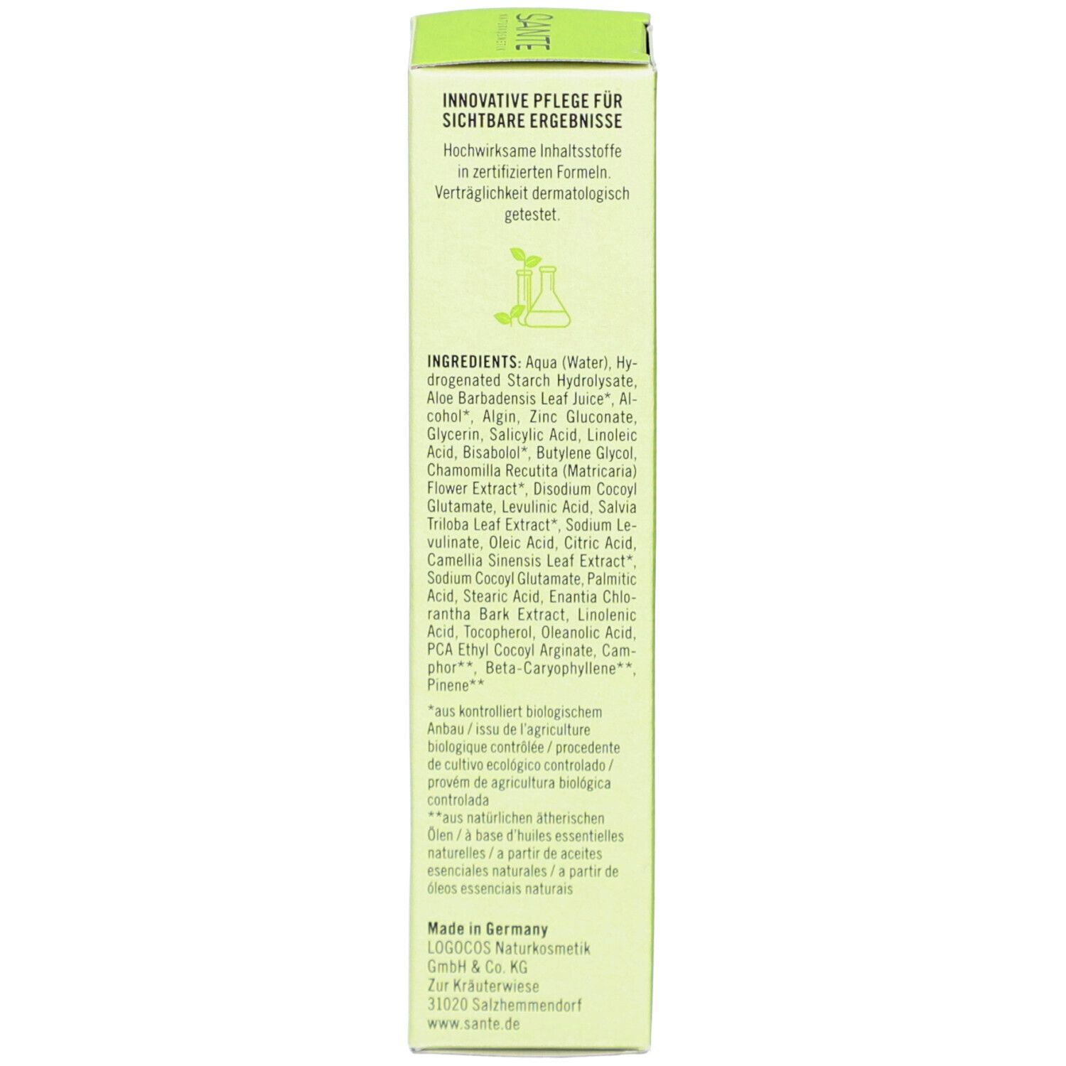 Seite der Schachtel. Text: Innovative Pflege für sichtbare Ergebnisse. Inhaltsstoffe. Hergestellt in Deutschland. LOGOCOS Naturkosmetik.