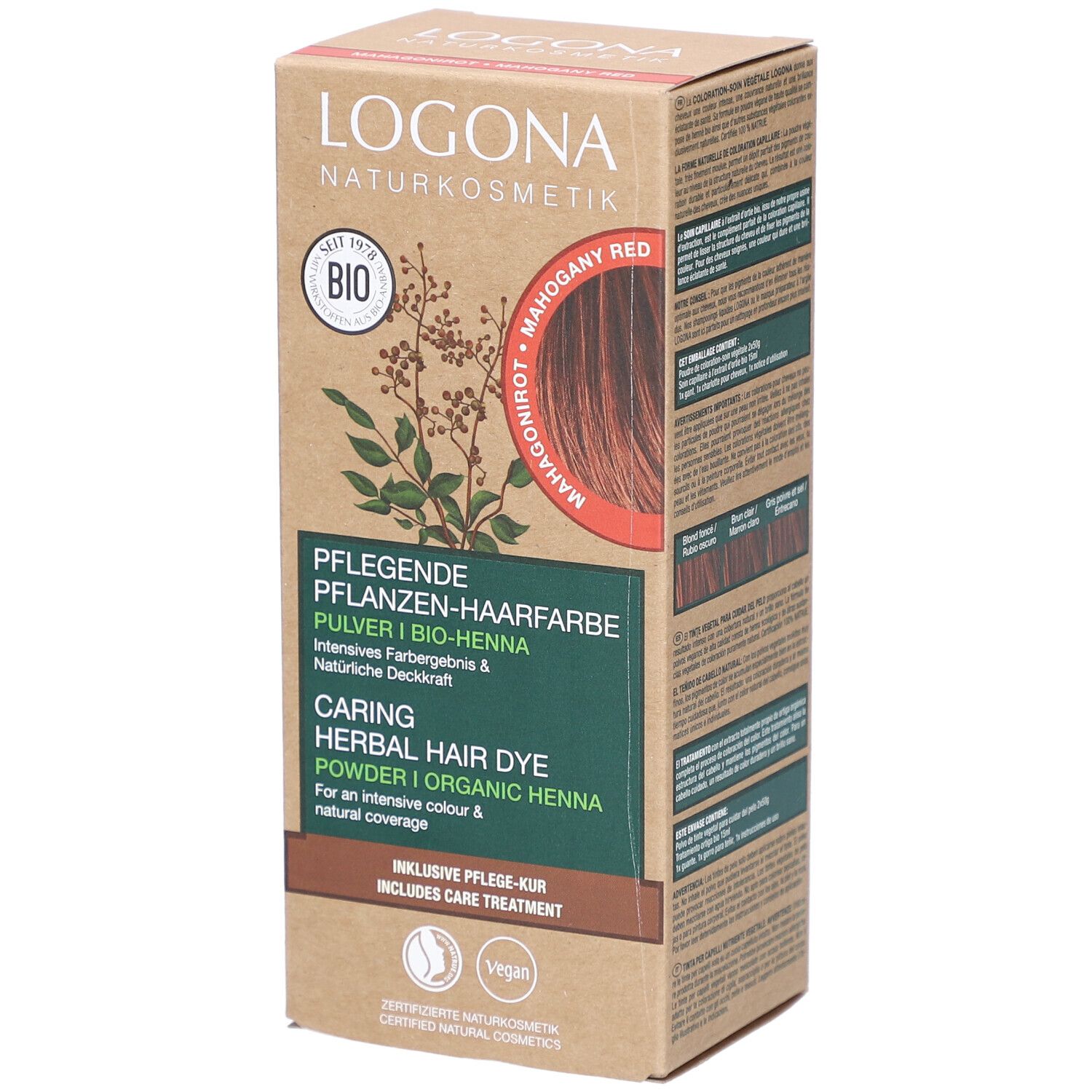 Logona Pflanzen-Haarfarbe Pulver Mahagonirot Bio. Karton mit Produktinformationen, Bio-Siegel und Vegan-Logo.