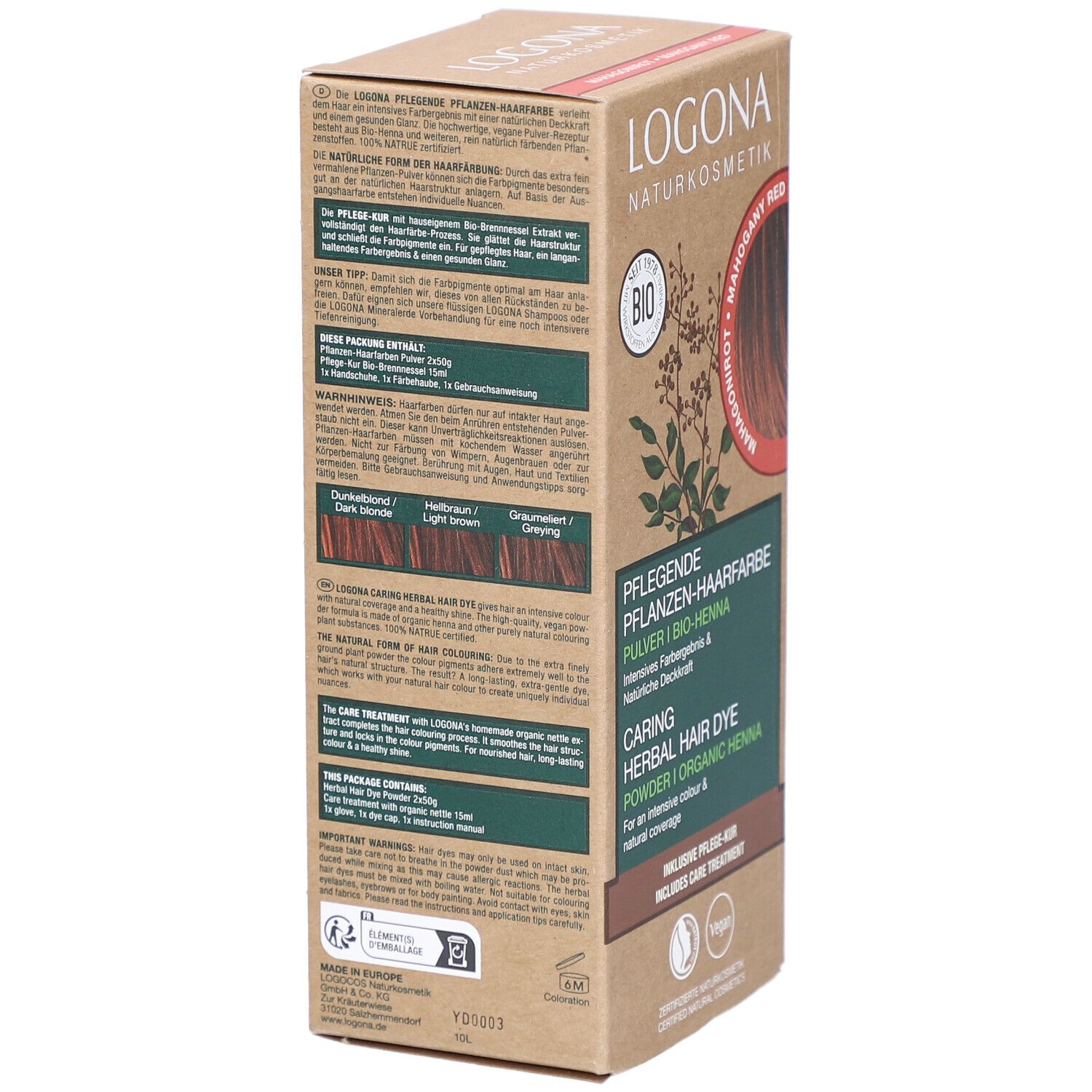 Logona Pflanzen-Haarfarbe Pulver Mahagonirot Bio. Karton, Seitenansicht mit Produktinformationen und Bio-Siegel.