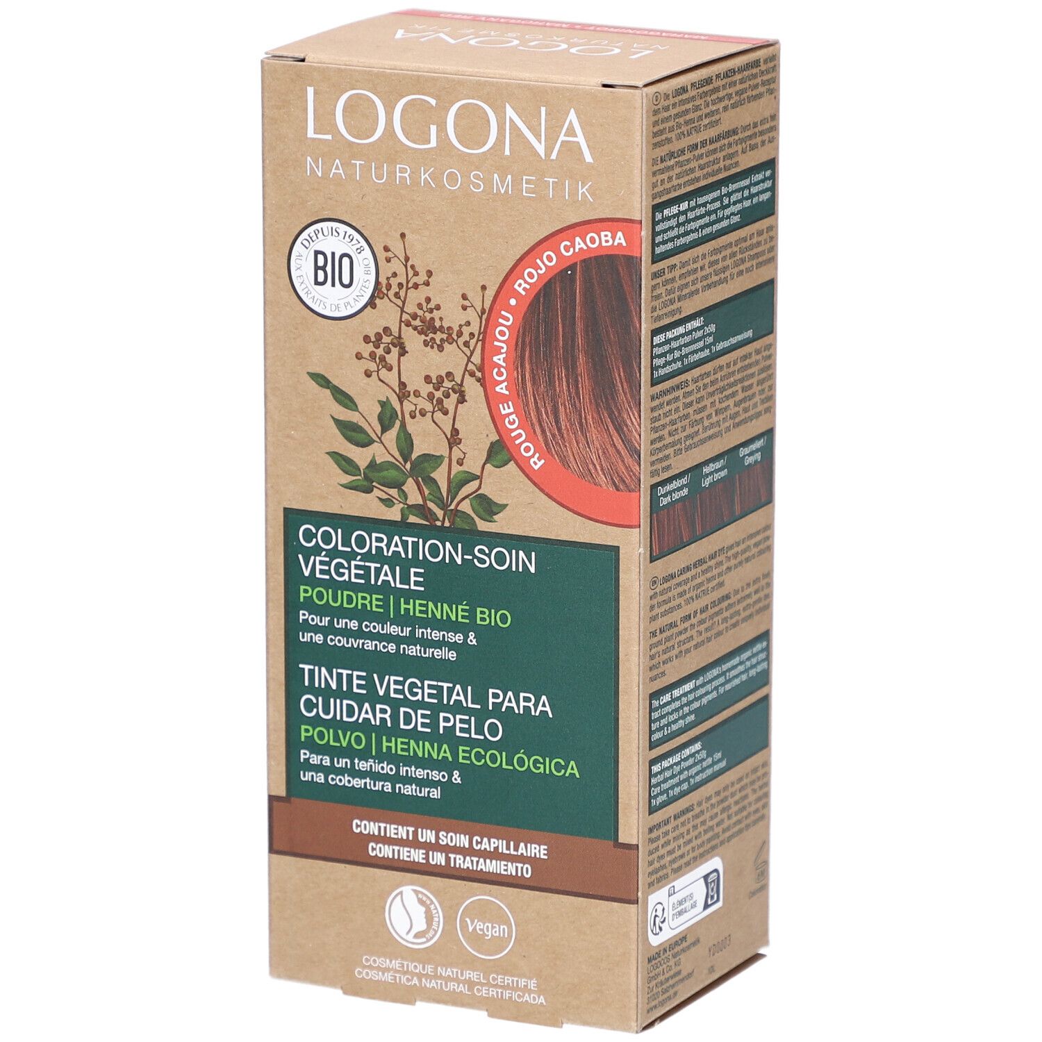 Logona Pflanzen-Haarfarbe Pulver Mahagonirot Bio. Karton, Seitenansicht mit Produktinformationen und Farbbeispielen.