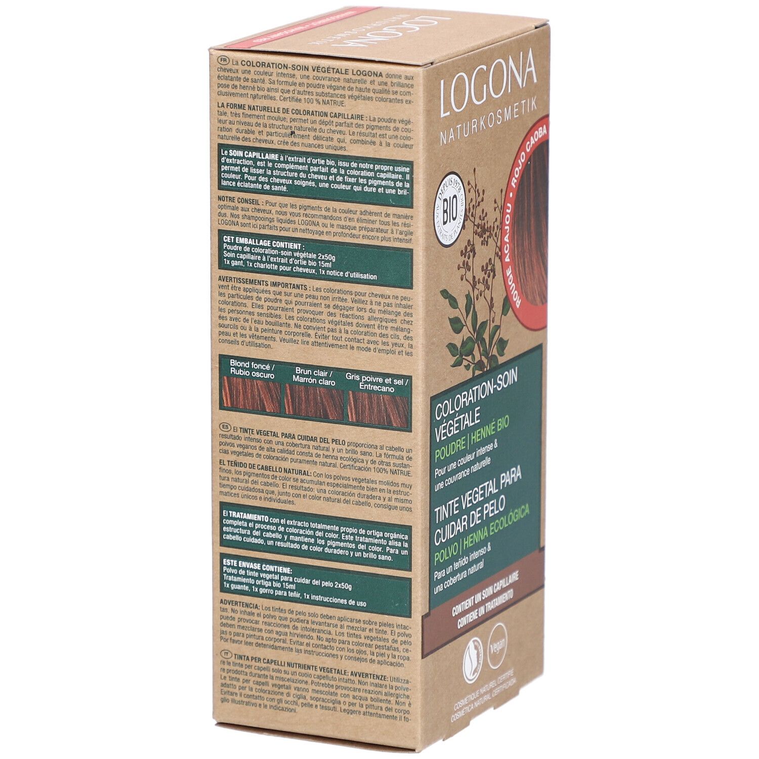 Logona Pflanzen-Haarfarbe Pulver Mahagonirot Bio. Karton, Seitenansicht mit Produktinformationen und Farbbeispielen.