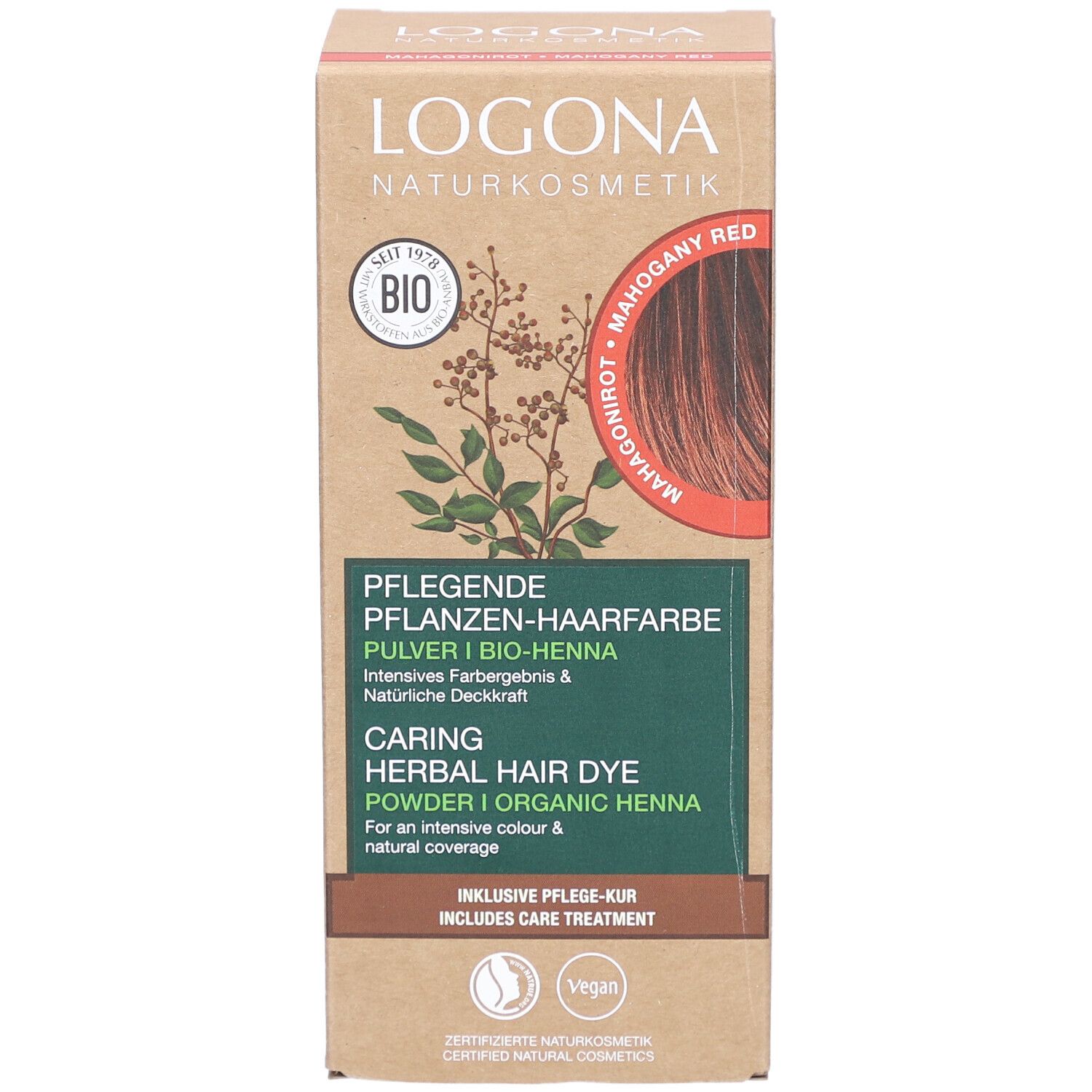 Logona Pflanzen-Haarfarbe Pulver Mahagonirot Bio. Karton mit Produktinformationen, Bio-Siegel und Vegan-Logo.