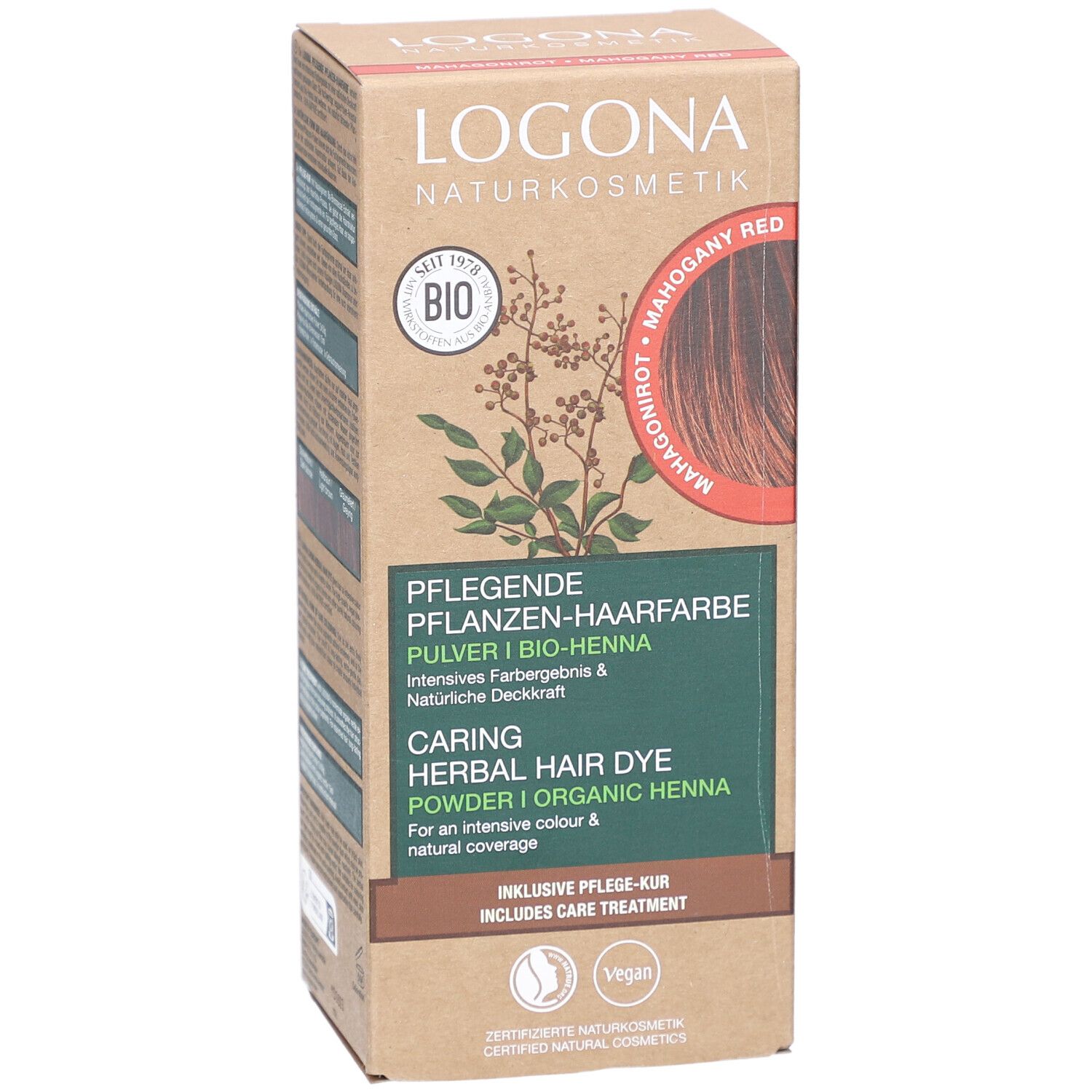Logona Pflanzen-Haarfarbe Pulver Mahagonirot Bio. Karton mit Produktinformationen, Bio-Siegel und Vegan-Logo.