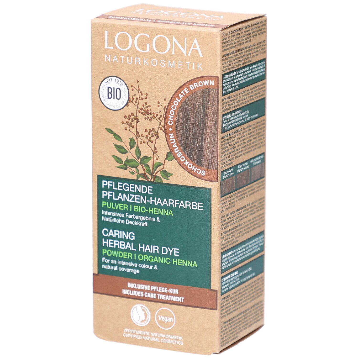 Logona Pflanzen-Haarfarbe Pulver Schokobraun Bio. Kartonverpackung mit Produktinformationen und Logo. Vegan-Siegel.