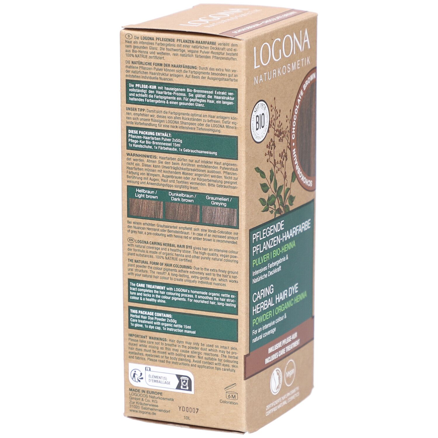 Rückseite der Logona Pflanzen-Haarfarbe Verpackung. Text in mehreren Sprachen. Farbresultate. Vegan-Siegel.