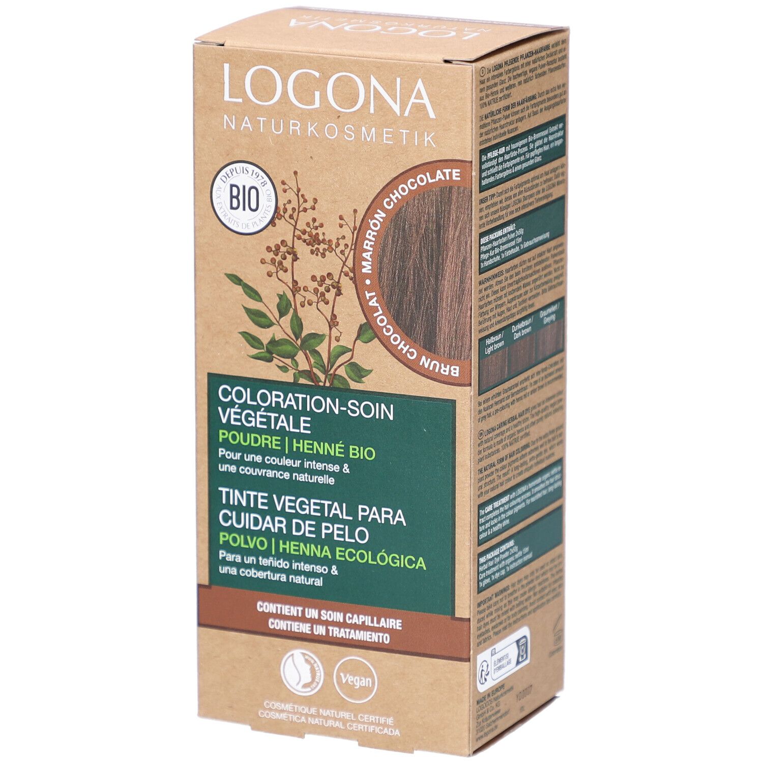 Logona Pflanzen-Haarfarbe Pulver Schokobraun Bio. Kartonverpackung mit Produktinformationen und Logo. Vegan-Siegel.