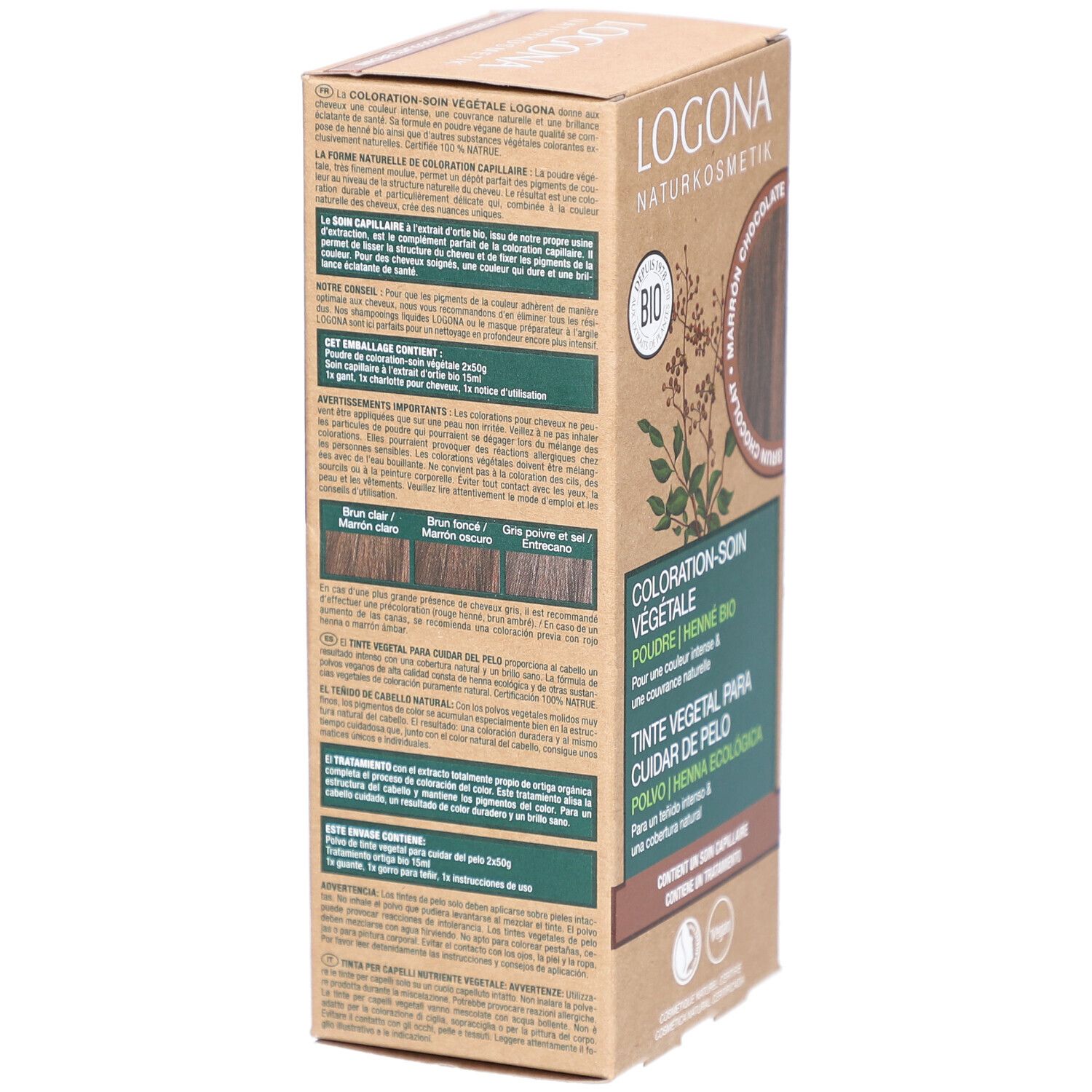 Rückseite der Logona Pflanzen-Haarfarbe Verpackung. Text in mehreren Sprachen. Farbresultate. Vegan-Siegel.