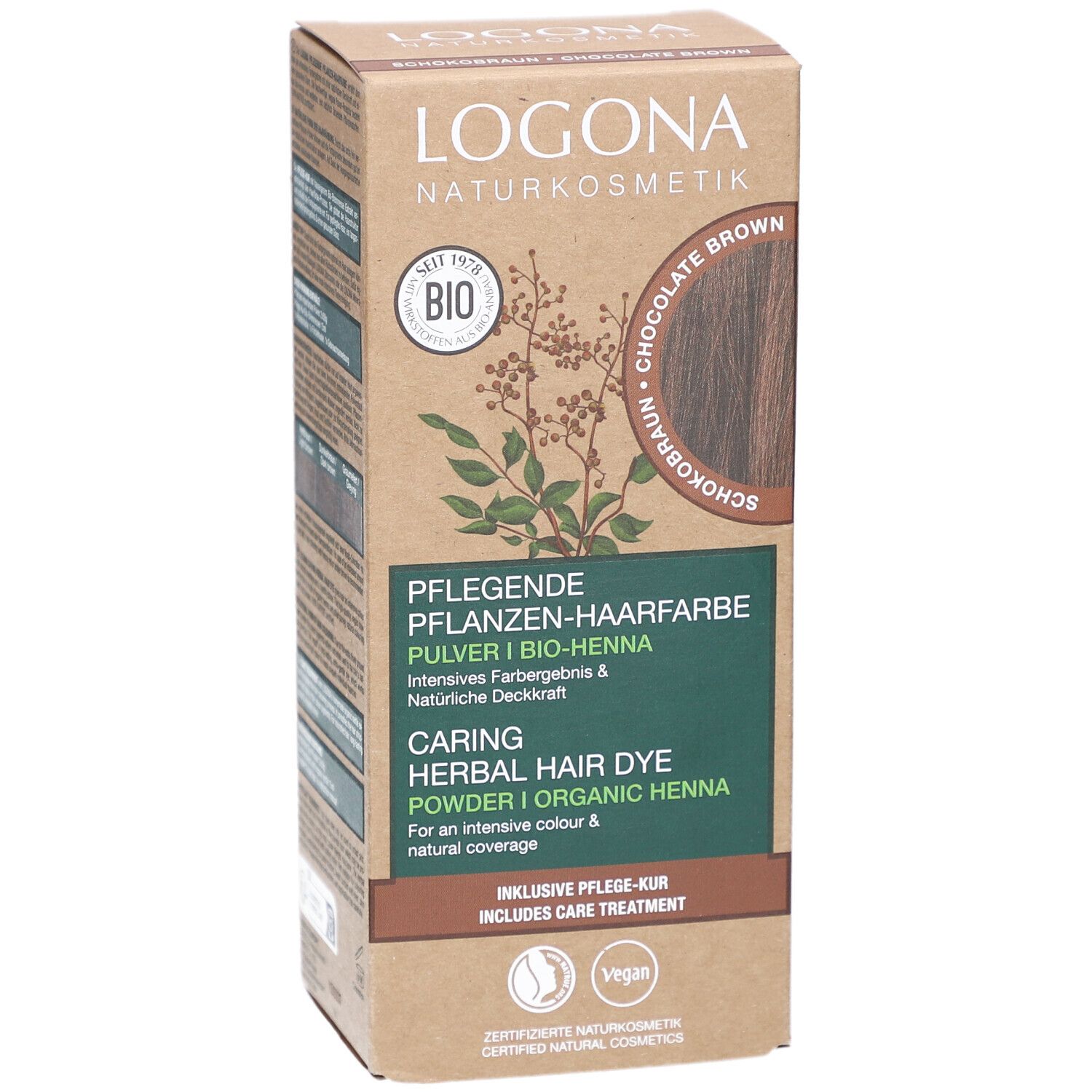 Logona Pflanzen-Haarfarbe Pulver Schokobraun Bio. Kartonverpackung mit Produktinformationen und Logo. Vegan-Siegel.