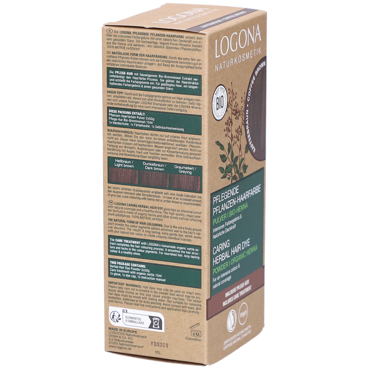 Rückseite der Haarfarben-Verpackung. Logo, Bio-Siegel. Text in mehreren Sprachen. Farbvergleich für verschiedene Haartöne. Vegan-Siegel.