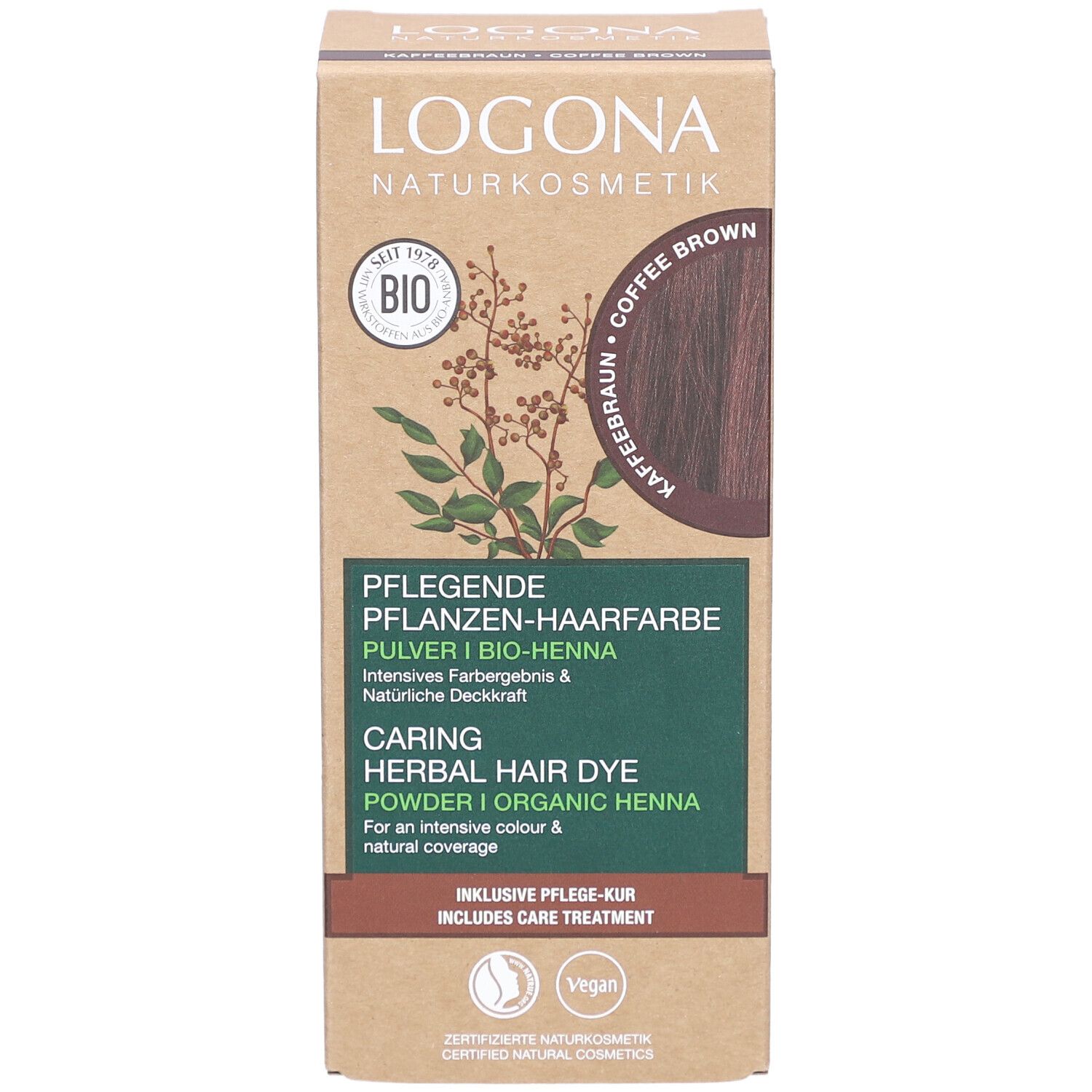Karton mit Pflanzen-Haarfarbe. Logo, Bio-Siegel, Kaffeebraun-Farbkreis. Text: Pflegende Pflanzen-Haarfarbe, Caring Herbal Hair Dye. Vegan-Siegel.