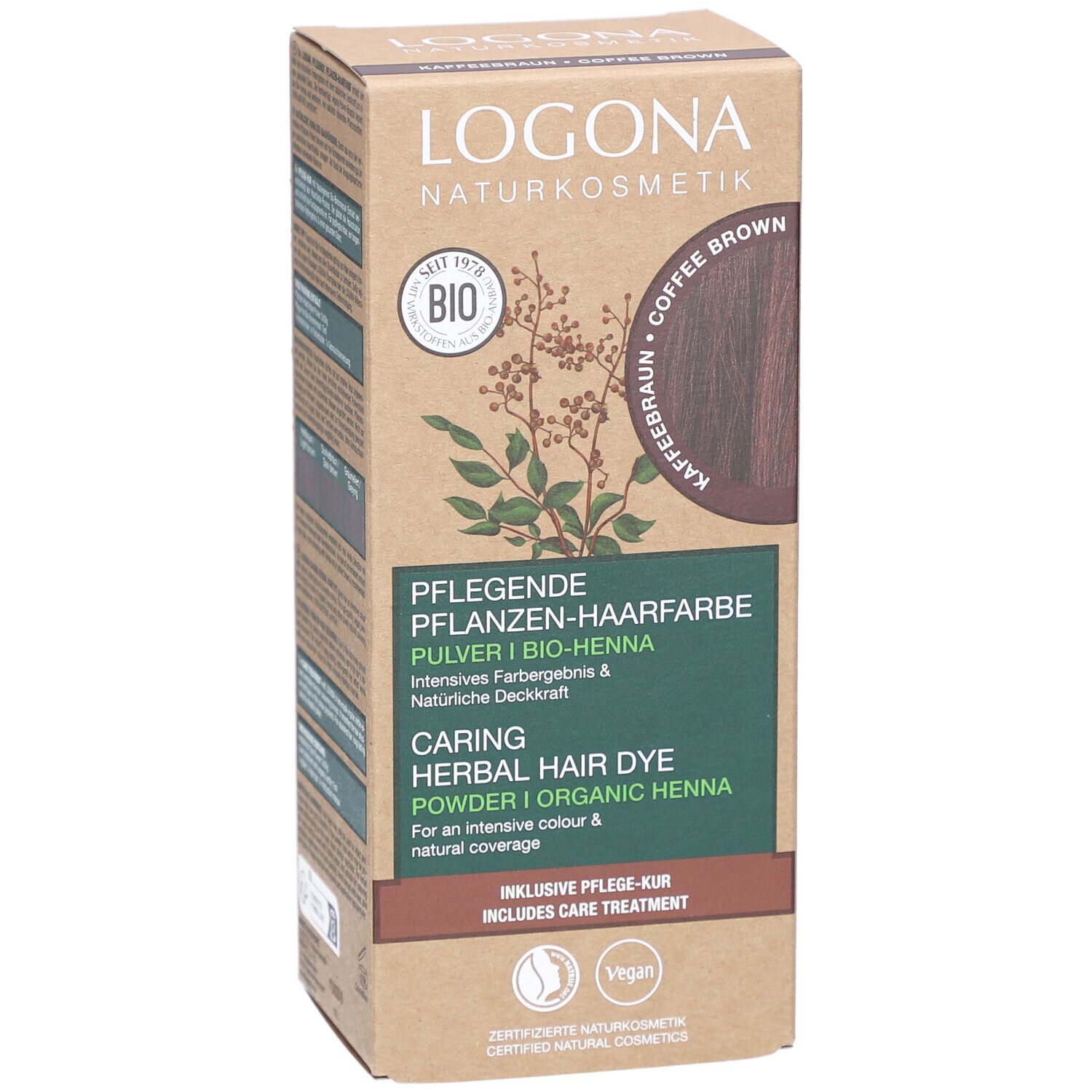 Karton mit Pflanzen-Haarfarbe. Logo, Bio-Siegel, Kaffeebraun-Farbkreis. Text: Pflegende Pflanzen-Haarfarbe, Caring Herbal Hair Dye. Vegan-Siegel.