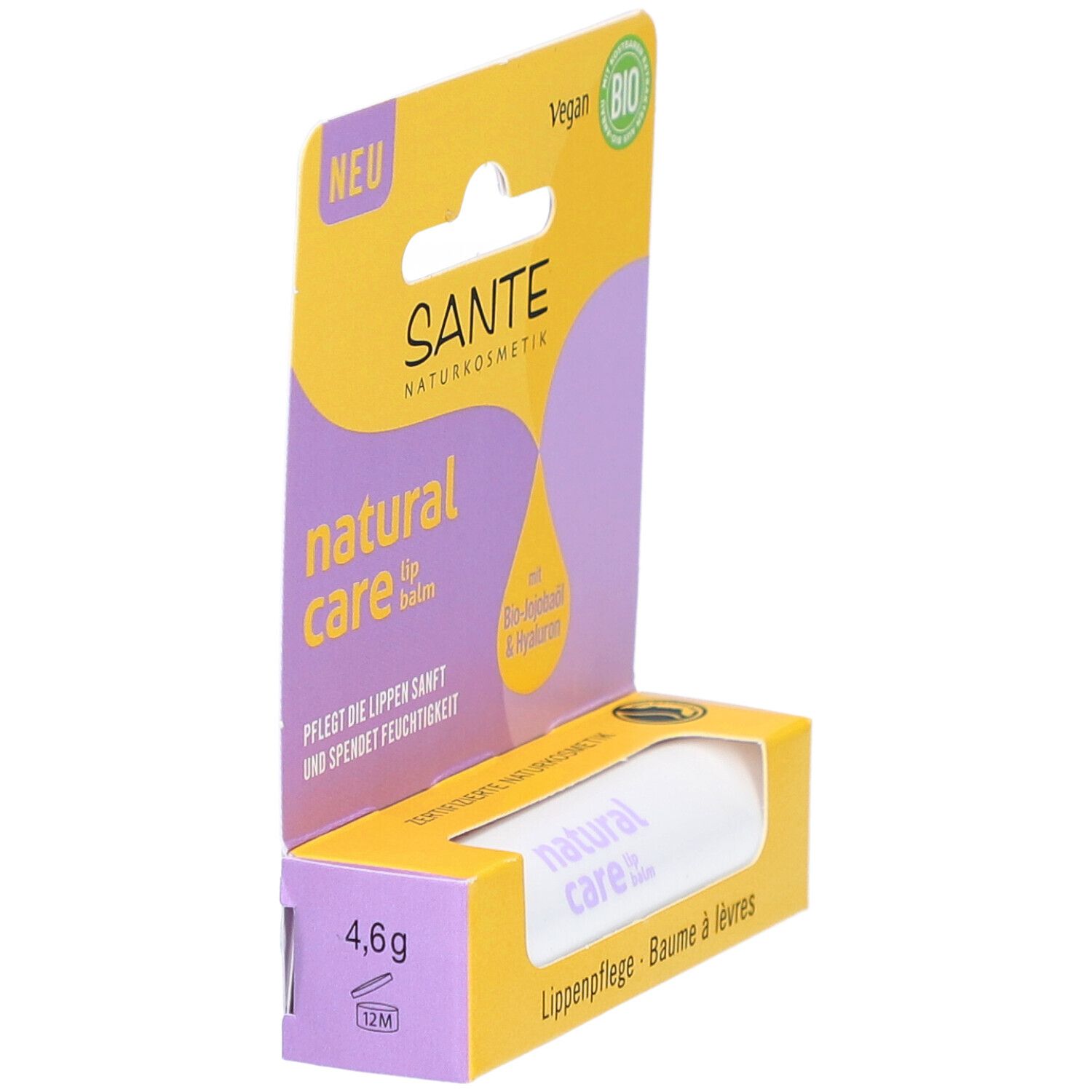 Lippenbalsam in Verpackung. Gelbe und lila Verpackung. 4,6g. Vegan. 12M-Symbol.