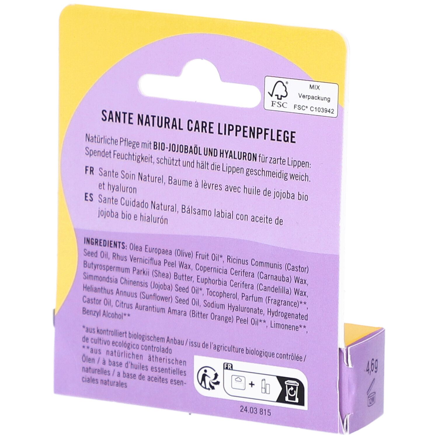 Rückseite der Verpackung. Text mit Inhaltsstoffen und Zertifizierungen. FSC-Logo.