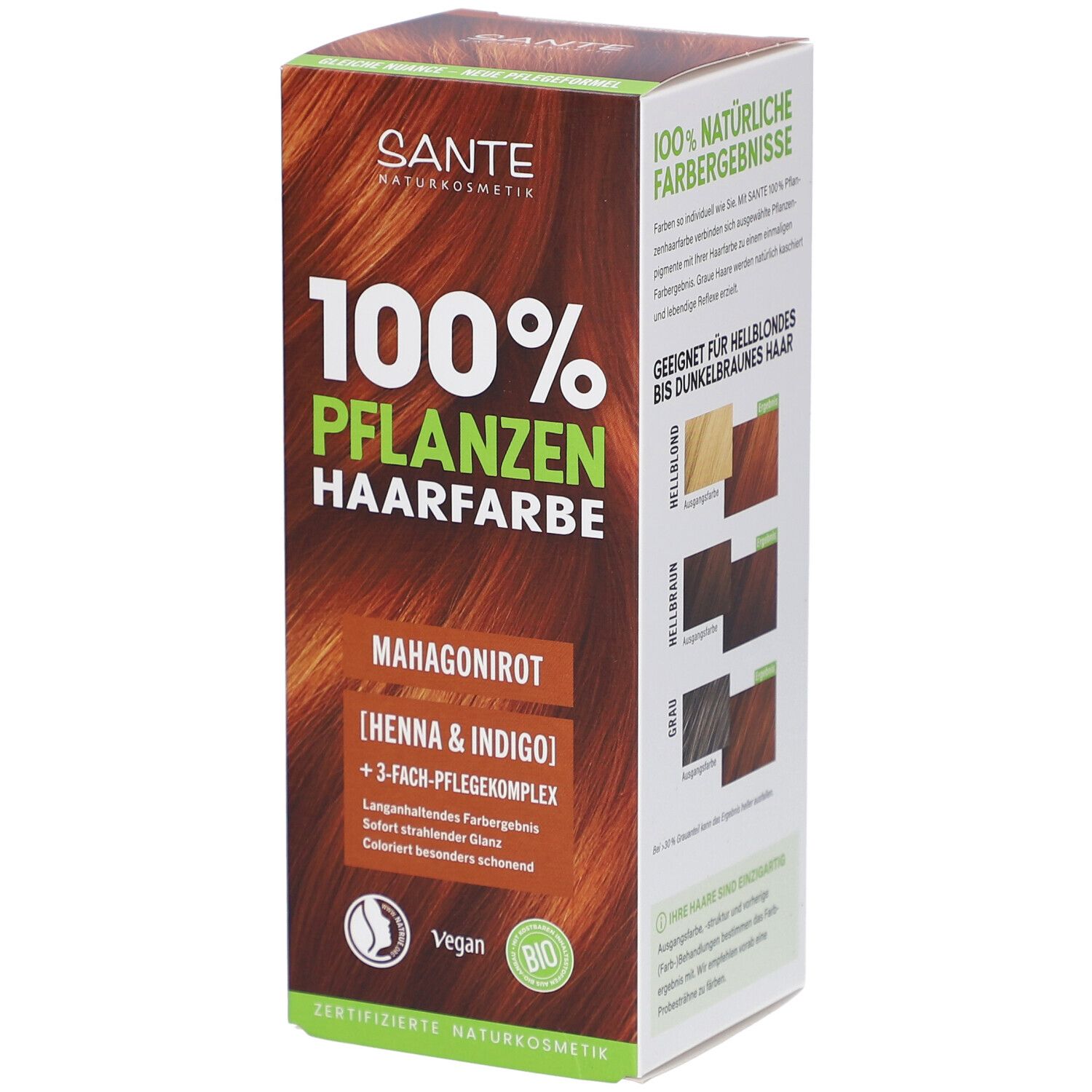 Sante Pflanzen Haarfarbe Mahagonirot. Karton mit Produktinformationen und Logo. Vegan-Siegel.