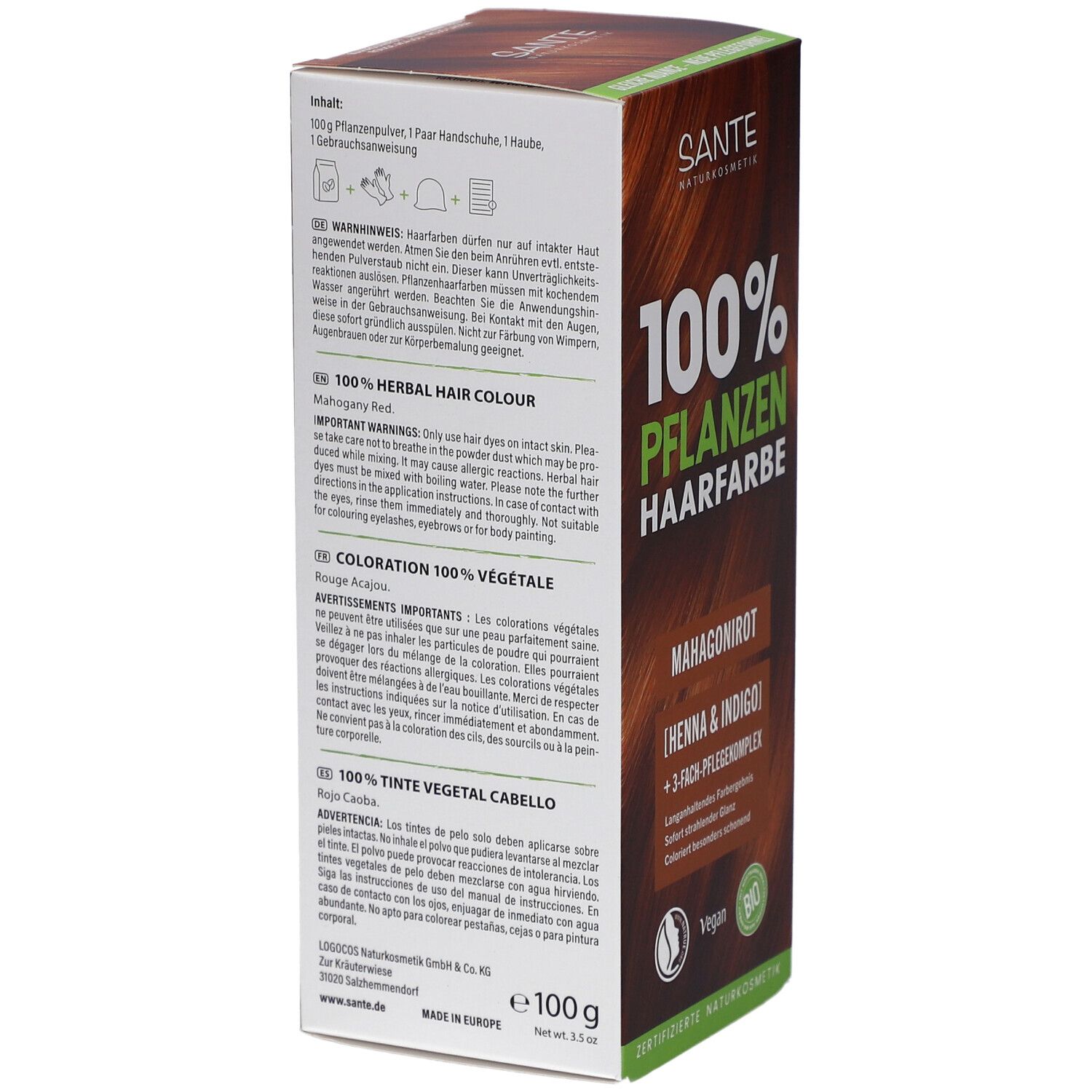 Rückseite der Sante Pflanzen Haarfarbe Mahagonirot. Produktinformationen in mehreren Sprachen. 100g.