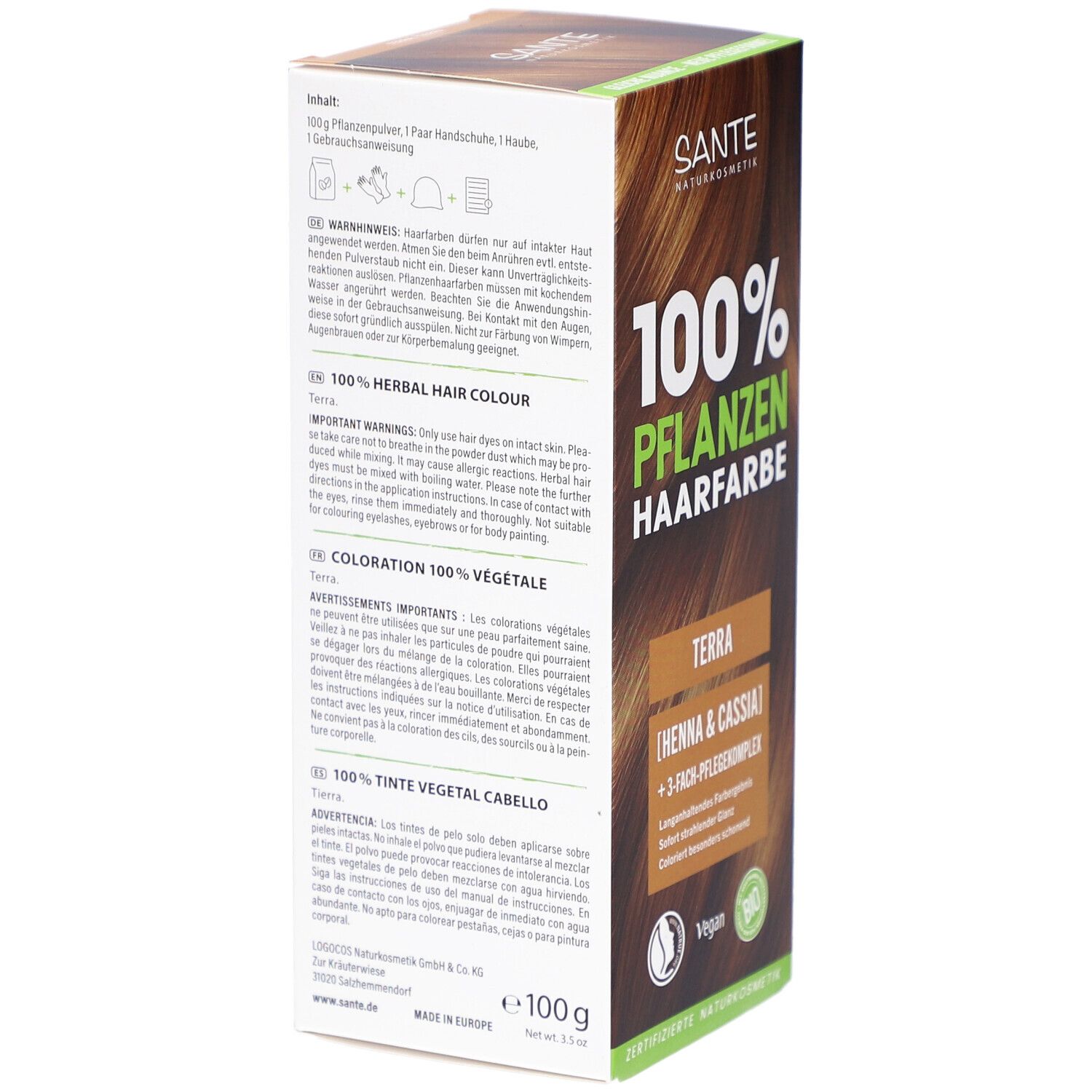Rückseite der Sante Pflanzen Haarfarbe Terra Verpackung. Text in Deutsch, Hinweise und Inhaltsangaben.
