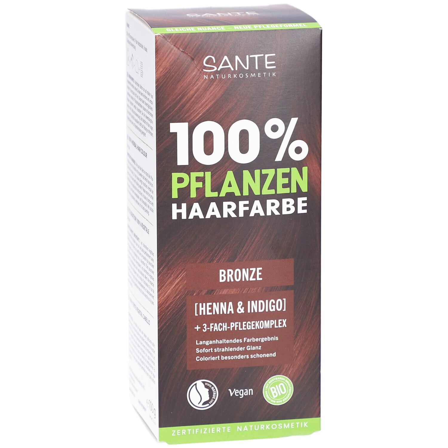 Verpackung von SANTE 100% Pflanzenhaarfarbe, Bronze 03. Enthält Henna & Indigo. Vegan und Bio-zertifiziert.