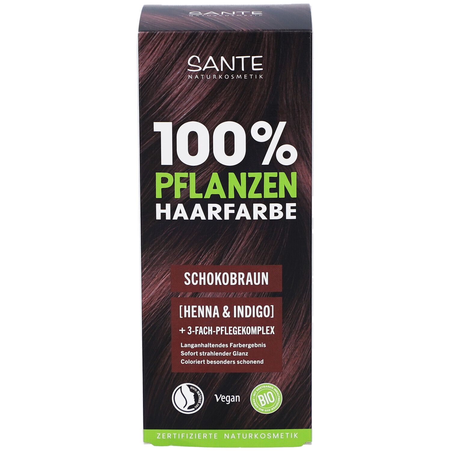 Sante Pflanzen Haarfarbe Schokobraun. Vorderseite mit Produktnamen und Logo. Vegan und Bio-Siegel.