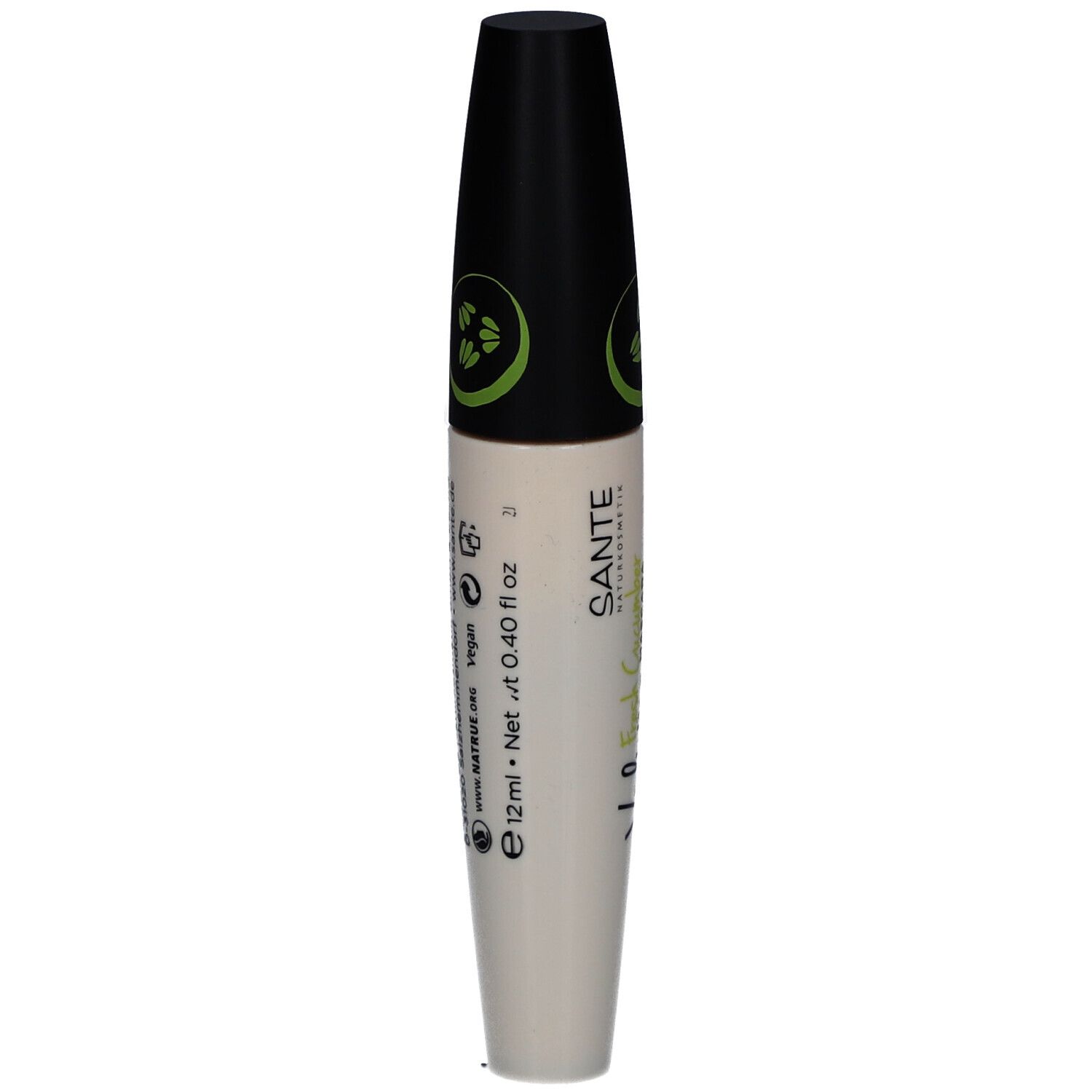 Mascara-Tube, Rückseite. Aufschrift: SANTE, 12 ml, vegan, Netto 0.40 fl oz. Mit Zertifizierungen.