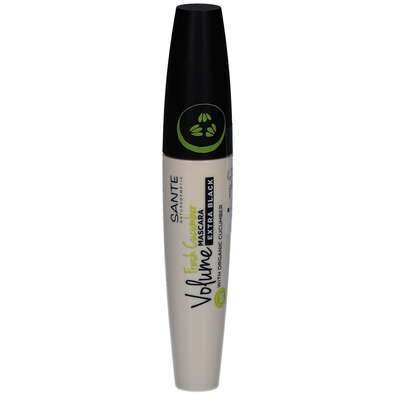 Mascara-Tube mit schwarzem Deckel. Aufschrift: SANTE, Volume, Fresh Cucumber, Extra Black. Mit Bio-Gurke.
