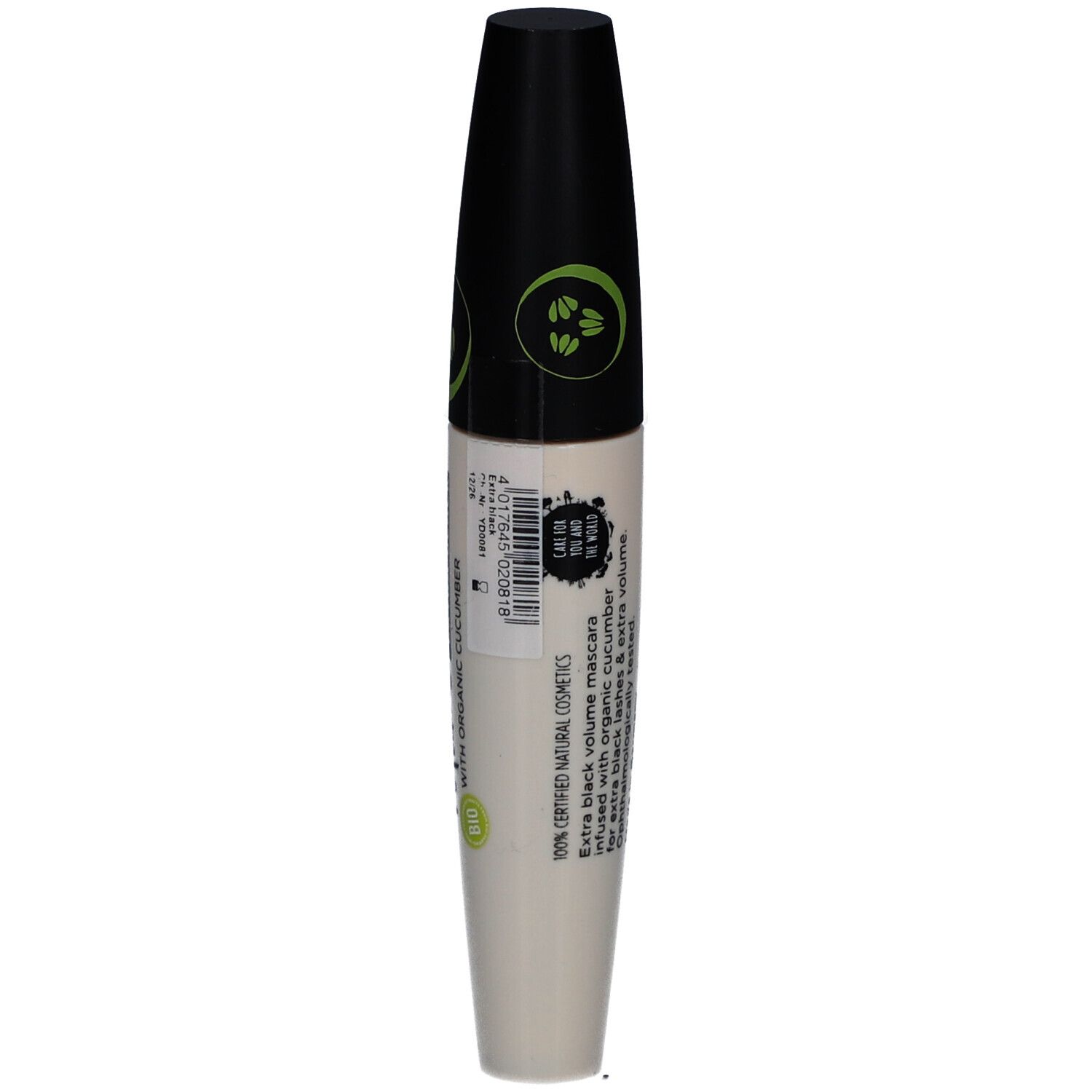 Mascara-Tube, Rückseite. Aufschrift: SANTE, 100% zertifizierte Naturkosmetik. Mit Inhaltsangaben.