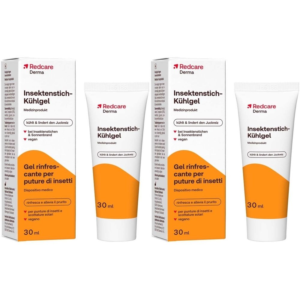 Zwei Tuben und zwei Schachteln mit Kühlgel. Aufschrift: Insektenstich-Kühlgel, Redcare Derma. 30ml.