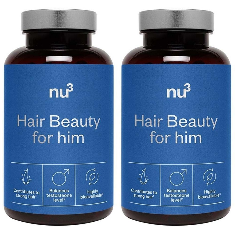 Zwei Flaschen nu3 Hair Beauty for him. Blaue Etiketten mit weißer Schrift. Enthält Kapseln für starkes Haar, Testosteron-Level und Bioverfügbarkeit.