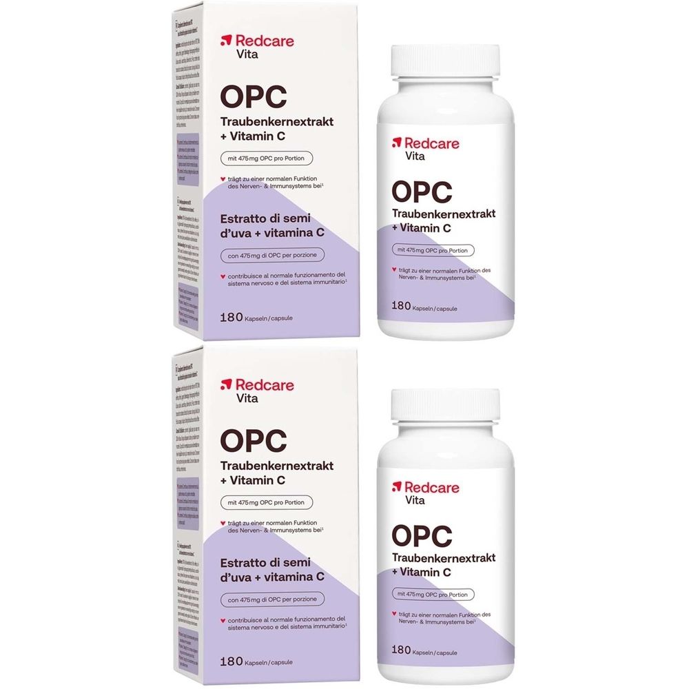 Zwei Packungen und zwei Flaschen Redcare Vita OPC Traubenkernextrakt + Vitamin C. Weiße Flaschen, weiße Verpackung mit Produktinformationen.