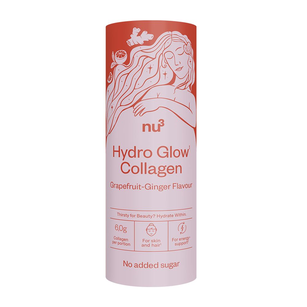 Zylindrische Dose mit nu3 Hydro Glow Collagen. Rote Verpackung mit Illustration und Produktinformationen.