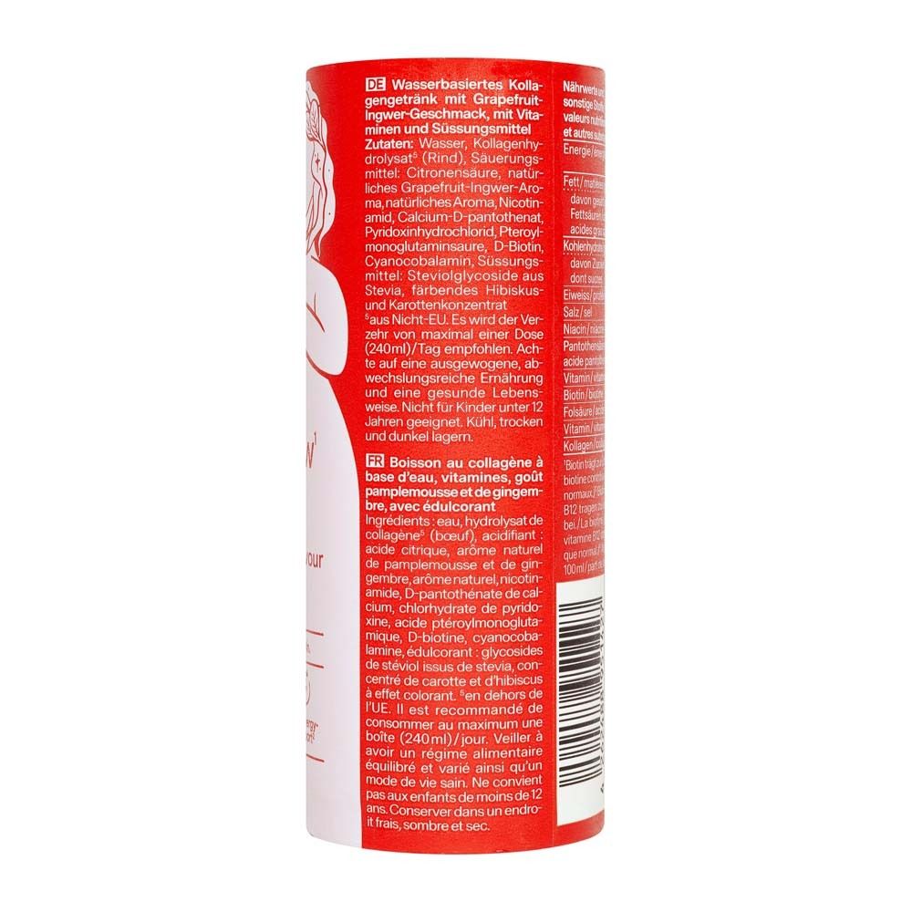 Rote zylindrische Dose, Rückseite. Enthält Inhaltsstoffe und Nährwertangaben. Text in Deutsch und Französisch. Mit QR-Code und Logo.