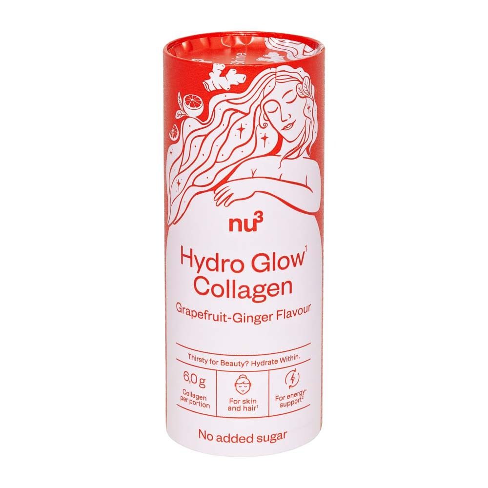 Zylindrische Dose mit rotem Deckel. Aufschrift: nu3 Hydro Glow Collagen, Grapefruit-Ingwer Geschmack. Enthält 6,0g Kollagen pro Portion.